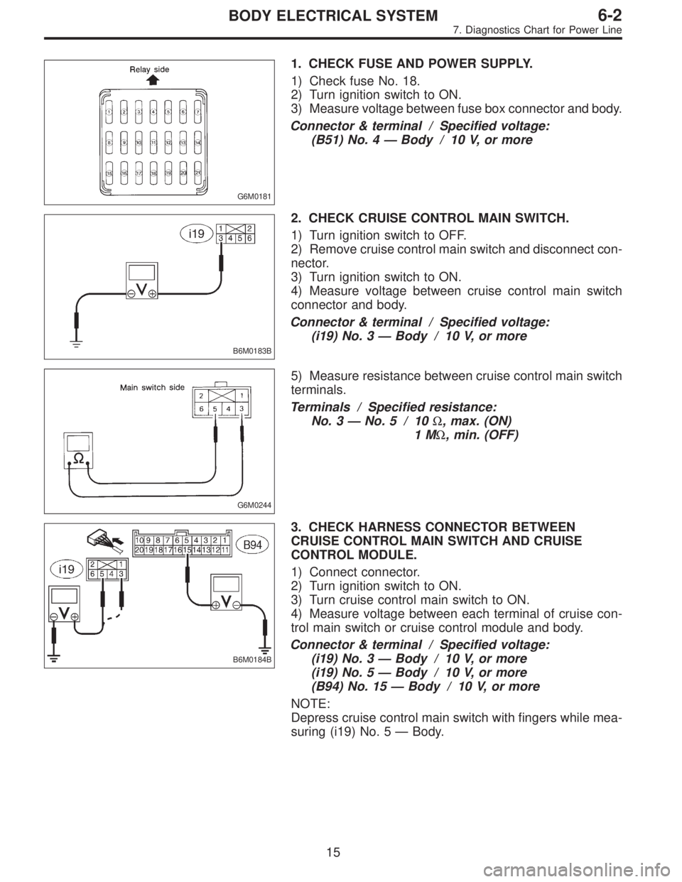 SUBARU LEGACY 1997  Service Repair Manual G6M0181
1. CHECK FUSE AND POWER SUPPLY.
1) Check fuse No. 18.
2) Turn ignition switch to ON.
3) Measure voltage between fuse box connector and body.
Connector & terminal / Specified voltage:
(B51) No.