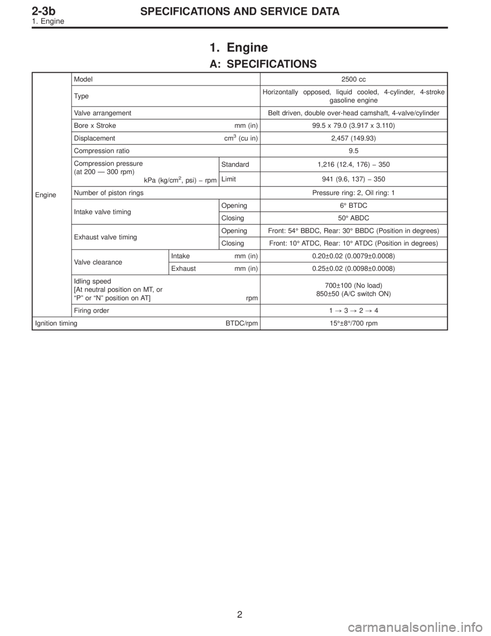SUBARU LEGACY 1997  Service Repair Manual 1. Engine
A: SPECIFICATIONS
EngineModel2500 cc
TypeHorizontally opposed, liquid cooled, 4-cylinder, 4-stroke
gasoline engine
Valve arrangement Belt driven, double over-head camshaft, 4-valve/cylinder
