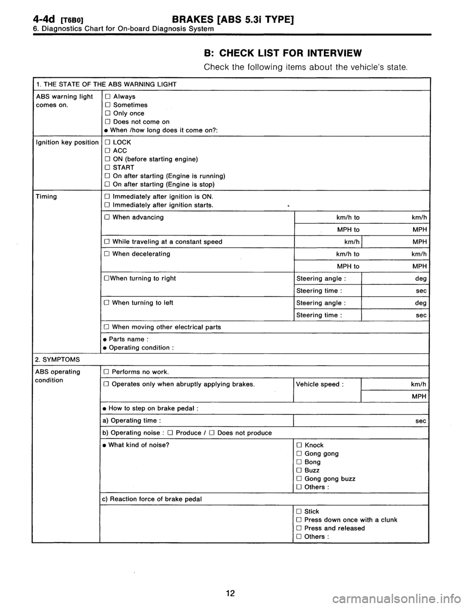 SUBARU LEGACY 1997  Service Repair Manual 
4-4d
[TSBO]
BRAKES
[ABS
5
.31
TYPE]

6
.
Diagnostics
Chart
for
On-board
Diagnosis
System

B
:
CHECK
LIST
FOR
INTERVIEW

Check
the
following
items
about
the
vehicles
state
.

1
.
THE
STATE
OF
THE
ABS