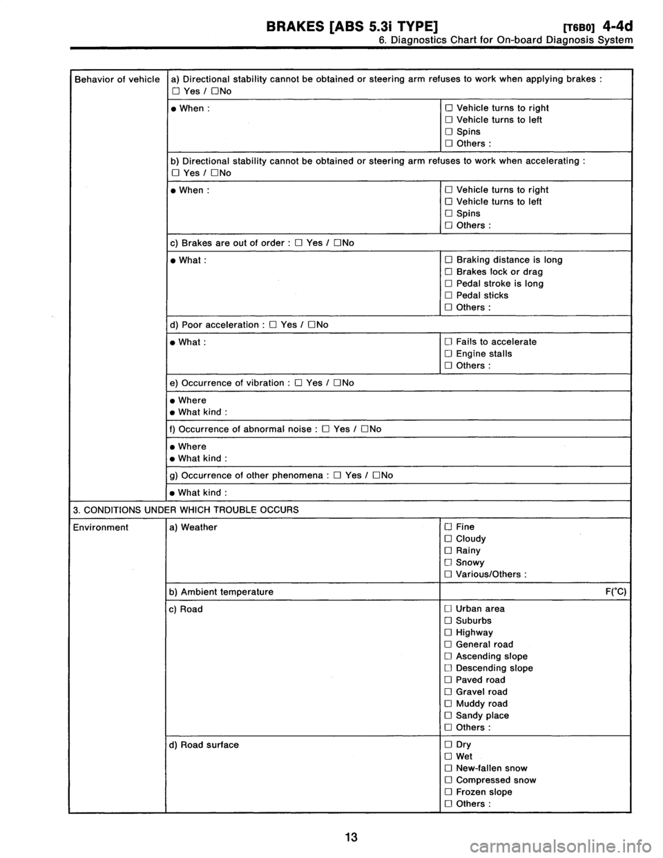 SUBARU LEGACY 1997  Service Service Manual 
BRAKES
[ABS
5
.31
TYPE]
[MO]
4-4d

6
.
DiagnosticsChart
for
On-board
Diagnosis
System

Behavior
of
vehicle
a)
Directional
stability
cannotbe
obtained
or
steering
arm
refuses
to
work
when
applying
bra