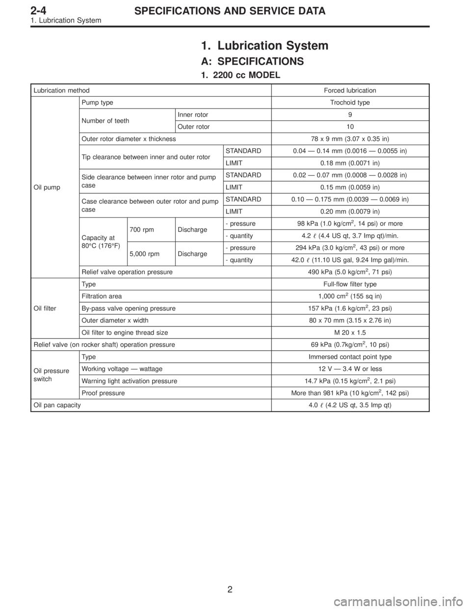 SUBARU LEGACY 1997  Service Repair Manual 1. Lubrication System
A: SPECIFICATIONS
1. 2200 cc MODEL
Lubrication methodForced lubrication
Oil pumpPump typeTrochoid type
Number of teethInner rotor 9
Outer rotor 10
Outer rotor diameter x thicknes