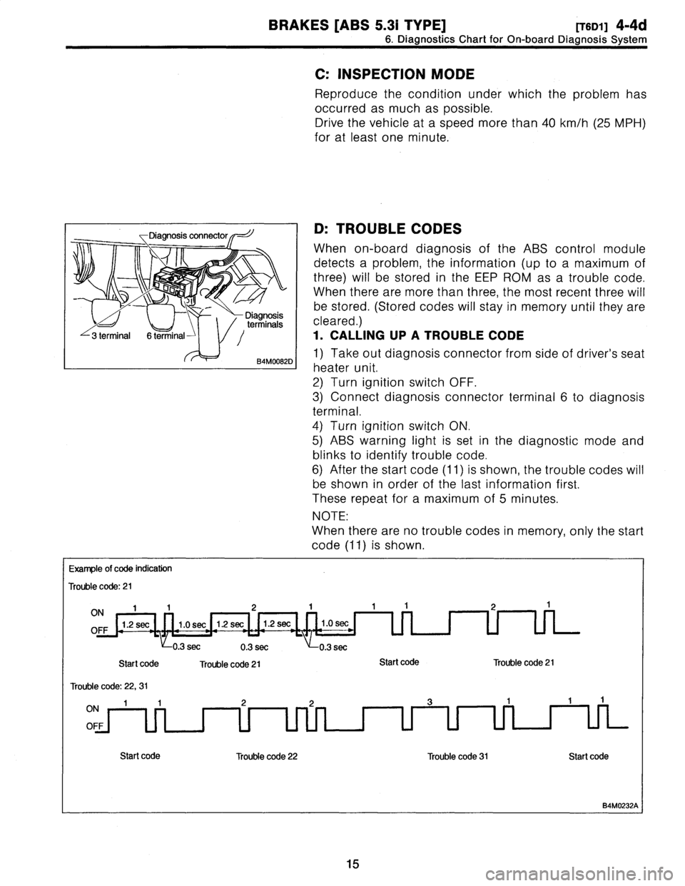 SUBARU LEGACY 1997  Service Service Manual 
BRAKES
[ABS
5
.31
TYPE]
[T6D1]4-4d

6
.
Diagnostics
Chart
for
On-board
Diagnosis
System

Diagnosisconnector
--J

-\
o

o

Diagnosis
terminals
3
terminal
6
terminal
/

B4M0082D

C
:
INSPECTION
MODE

R