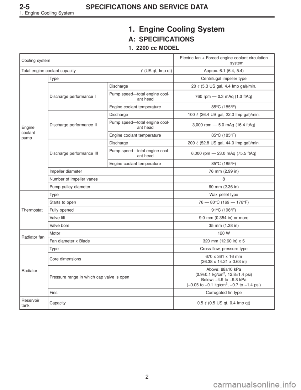 SUBARU LEGACY 1997  Service Repair Manual 1. Engine Cooling System
A: SPECIFICATIONS
1. 2200 cc MODEL
Cooling systemElectric fan + Forced engine coolant circulation
system
Total engine coolant capacity(US qt, Imp qt) Approx. 6.1 (6.4, 5.4)
E