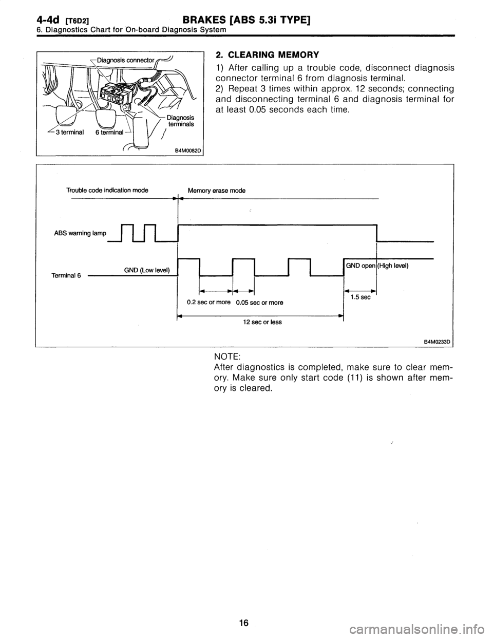SUBARU LEGACY 1997  Service Service Manual 
4-4d[T6D2]
BRAKES
[ABS
5
.3i
TYPE]

6
.
Diagnostics
Chart
for
On-board
Diagnosis
System

Diagnosis
connector
-J

_
~\~
°°

Diagnosis
terminals
3
terminal
6
terminal
/

84M00820

2
.
CLEARING
MEMORY