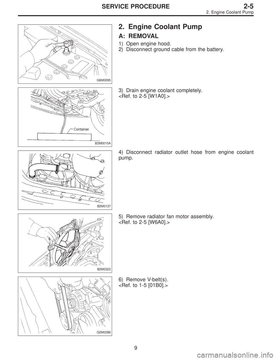 SUBARU LEGACY 1997  Service Repair Manual G6M0095
2. Engine Coolant Pump
A: REMOVAL
1) Open engine hood.
2) Disconnect ground cable from the battery.
B2M0015A
3) Drain engine coolant completely.
<Ref. to 2-5 [W1A0].>
B2M0137
4) Disconnect rad