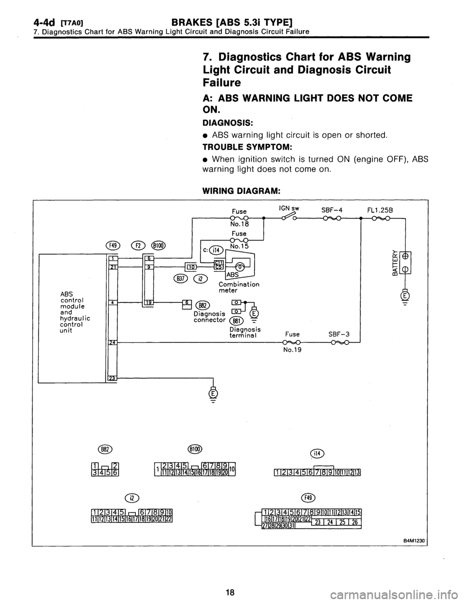 SUBARU LEGACY 1997  Service Service Manual 
4-4d
R7ao1
BRAKES
[ABS
5
.3i
TYPE]

7
.
Diagnostics
Chart
for
ABS
Warning
Light
Circuit
and
Diagnosis
Circuit
Failure

7
.
Diagnostics
Chart
for
ABS
Warning

Light
Circuit
and
Diagnosis
Circuit

Fail
