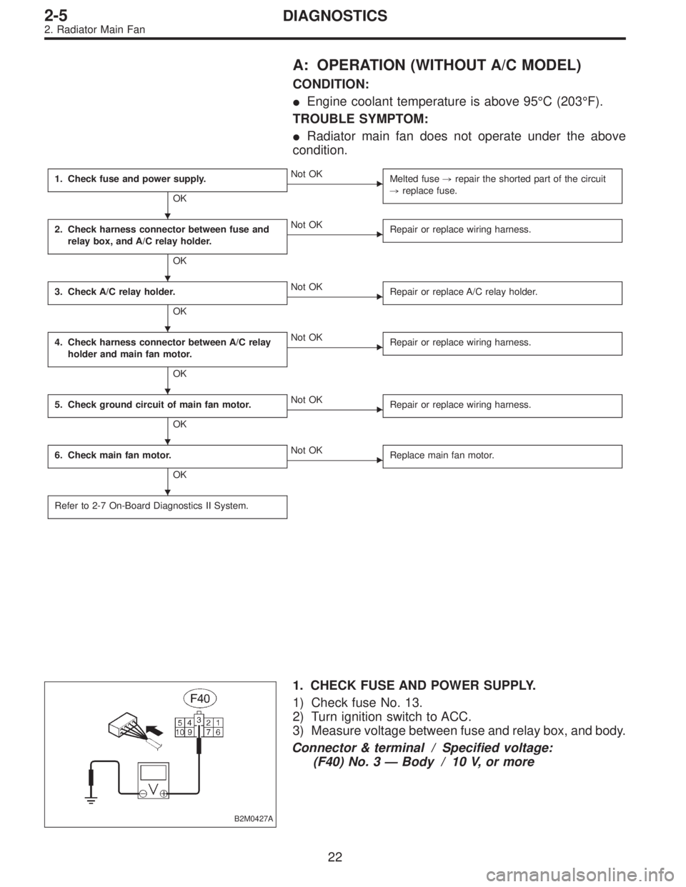 SUBARU LEGACY 1997  Service Repair Manual A: OPERATION (WITHOUT A/C MODEL)
CONDITION:
Engine coolant temperature is above 95°C (203°F).
TROUBLE SYMPTOM:
Radiator main fan does not operate under the above
condition.
1. Check fuse and power