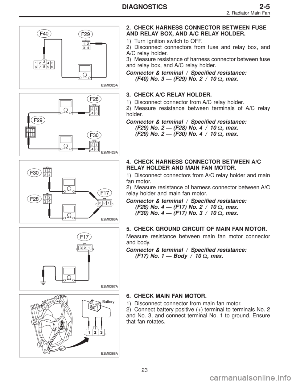 SUBARU LEGACY 1997  Service Repair Manual B2M0325A
2. CHECK HARNESS CONNECTOR BETWEEN FUSE
AND RELAY BOX, AND A/C RELAY HOLDER.
1) Turn ignition switch to OFF.
2) Disconnect connectors from fuse and relay box, and
A/C relay holder.
3) Measure