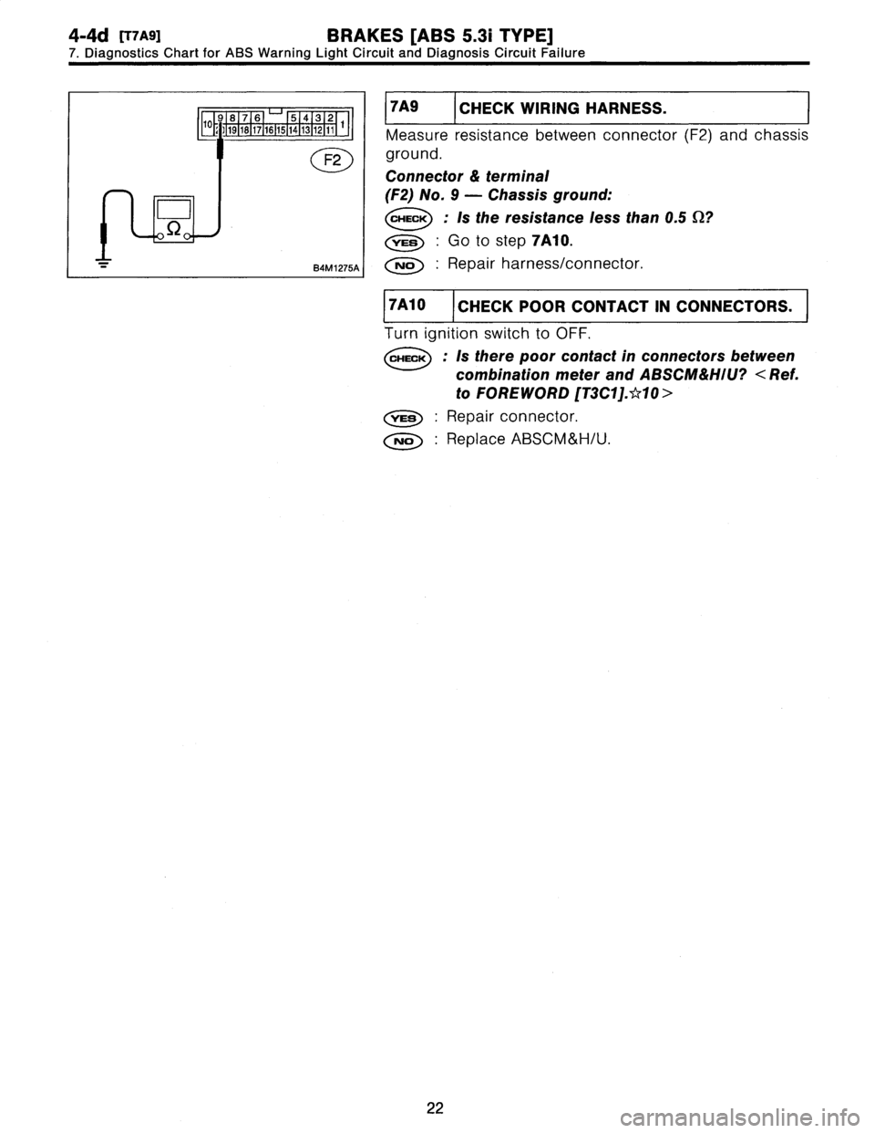 SUBARU LEGACY 1997  Service Service Manual 
4-4d
[r7A9]
BRAKES
[ABS
5
.3i
TYPE]

7
.
Diagnostics
Chart
for
ABS
Warning
Light
Circuit
and
Diagnosis
Circuit
Failure

7A9
CHECK
WIRING
HARNESS
.

Measure
resistance
between
connector
(F2)
and
chass