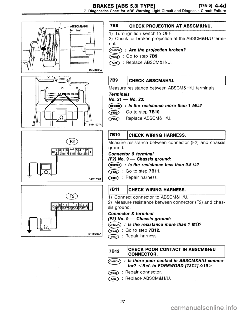 SUBARU LEGACY 1997  Service Workshop Manual 
BRAKES
[ABS
5
.31
TYPE]
[T7B121
4-4d

7
.
Diagnostics
Chart
for
ABS
Warning
Light
Circuit
and
Diagnosis
Circuit
Failure

7B8
CHECK
PROJECTIONAT
ABSCM&H/U
.

1)
Turn
ignition
switch
to
OFF
.

2)
Check