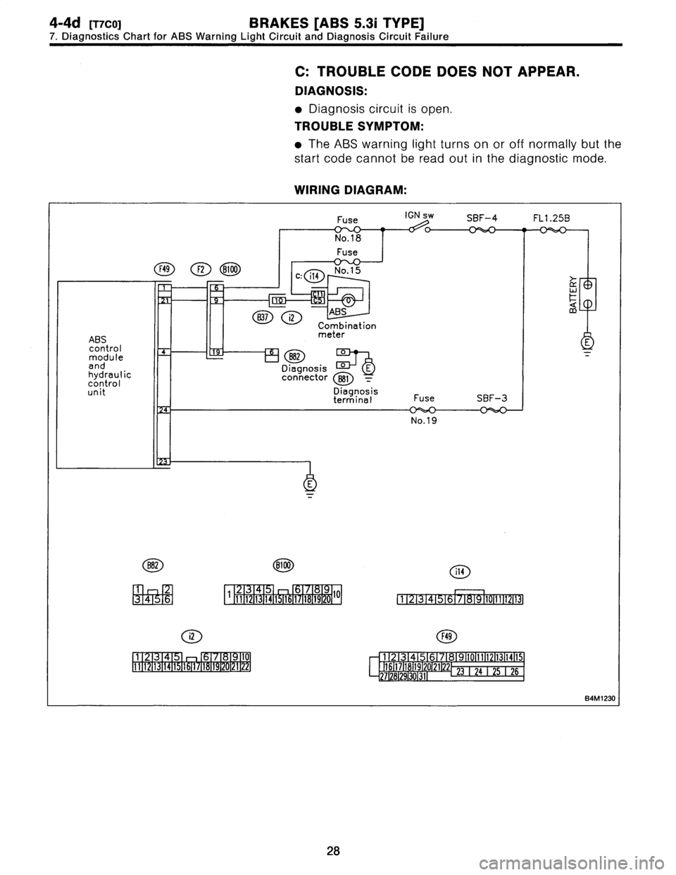 SUBARU LEGACY 1997  Service Workshop Manual 
4-4d
[-nco]
BRAKES
[ABS
5
.31
TYPE]
7
.
Diagnostics
Chart
for
ABS
Warning
Light
Circuit
and
Diagnosis
Circuit
Failure

C
:
TROUBLE
CODE
DOES
NOTAPPEAR
.

DIAGNOSIS
:

9
Diagnosis
circuit
is
open
.

T
