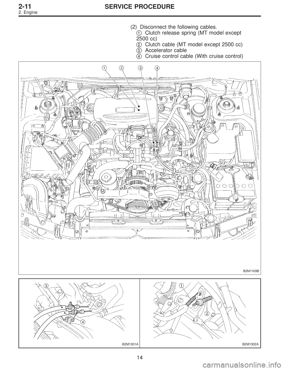 SUBARU LEGACY 1997  Service Repair Manual (2) Disconnect the following cables.

1Clutch release spring (MT model except
2500 cc)

2Clutch cable (MT model except 2500 cc)

3Accelerator cable

4Cruise control cable (With cruise control)
B2M