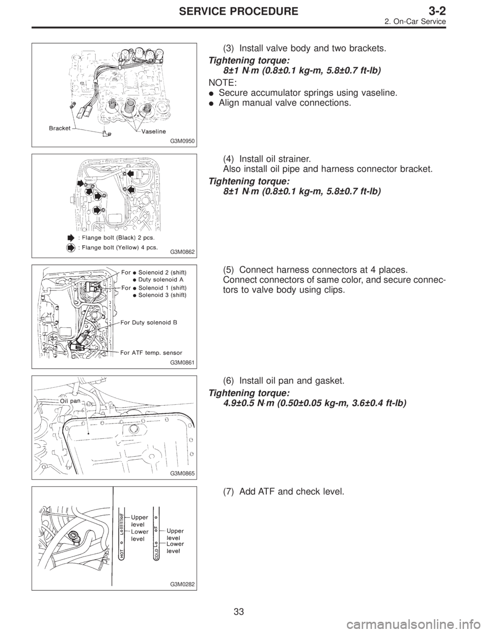 SUBARU LEGACY 1997  Service Repair Manual G3M0950
(3) Install valve body and two brackets.
Tightening torque:
8±1 N⋅m (0.8±0.1 kg-m, 5.8±0.7 ft-lb)
NOTE:
Secure accumulator springs using vaseline.
Align manual valve connections.
G3M086