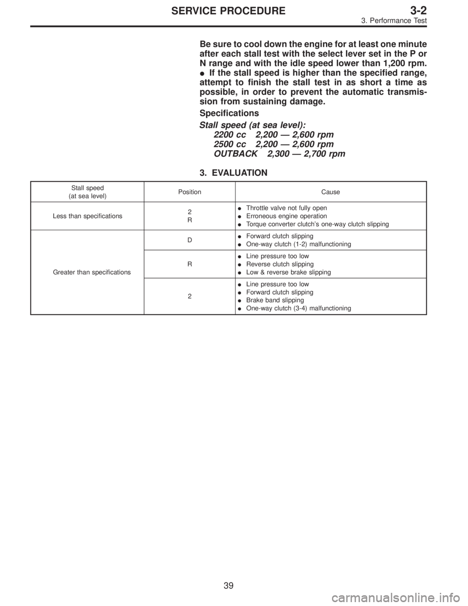 SUBARU LEGACY 1997  Service Repair Manual Be sure to cool down the engine for at least one minute
after each stall test with the select lever set in the P or
N range and with the idle speed lower than 1,200 rpm.
If the stall speed is higher 