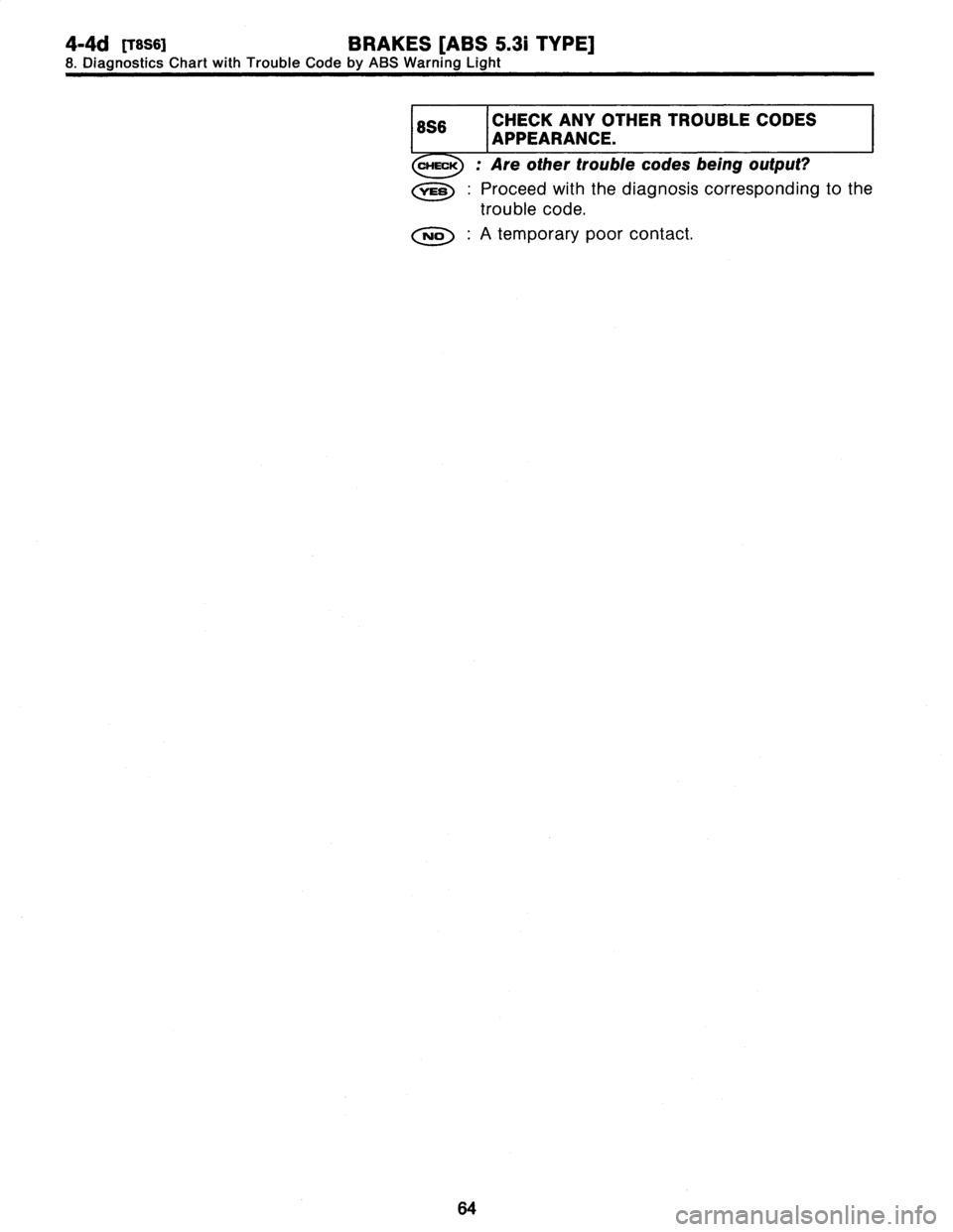 SUBARU LEGACY 1997  Service Manual Online 
4-4d
Rsssi
BRAKES
[ABS
5
.31
TYPE]

8
.
Diagnostics
Chart
with
Trouble
Code
by
ABS
Warning
Light

8S6
CHECK
ANY

I
APPEARANCE

.THER
TROUBLE
CODES

CHECK
:
Are
other
trouble
codes
being
output?

,rES