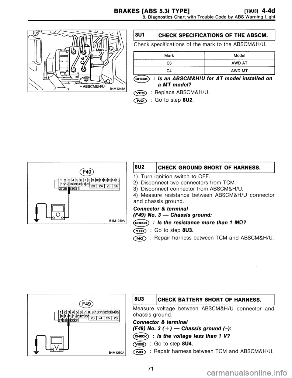 SUBARU LEGACY 1997  Service Manual Online 
BRAKES
[ABS
5
.31
TYPE]
[TM]
4-4d

8
.
Diagnostics
Chart
with
Trouble
Code
by
ABS
Warning
Light

`L/

Tn
Mark
1
h
.I
t,~
\
;d

ABSCM&HlU
B4M
1248A

181
.11
I
CHECK
SPECIFICATIONS
OF
THE
ABSCM
.

Chec