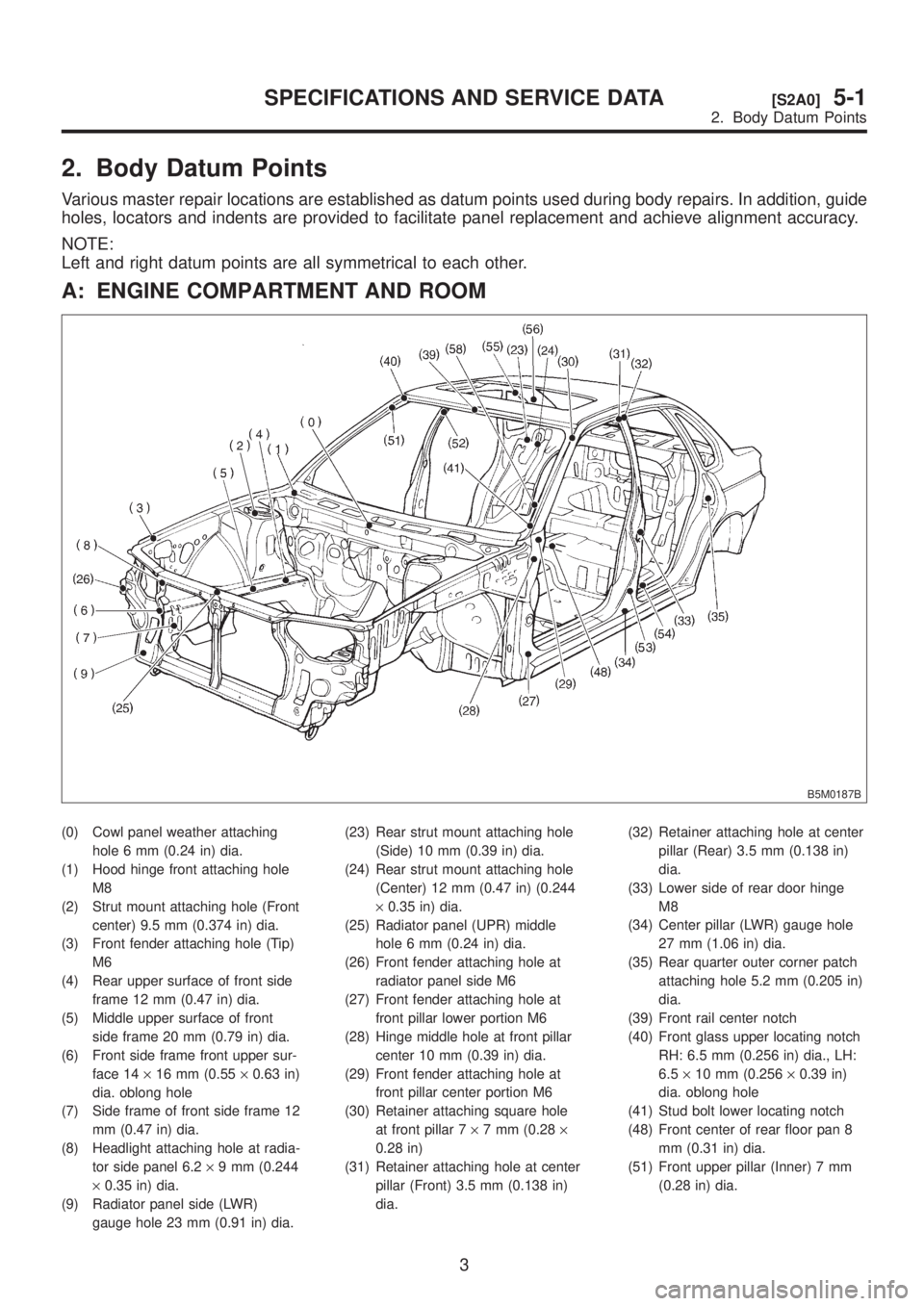 SUBARU LEGACY 1999 Service Repair Manual 2. Body Datum Points
Various master repair locations are established as datum points used during body repairs. In addition, guide
holes, locators and indents are provided to facilitate panel replaceme SUBARU LEGACY 1999 Service Repair Manual 2. Body Datum Points
Various master repair locations are established as datum points used during body repairs. In addition, guide
holes, locators and indents are provided to facilitate panel replaceme