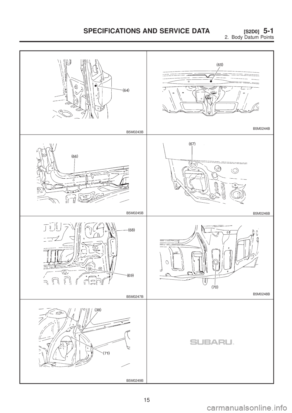 SUBARU LEGACY 1999  Service Repair Manual B5M0243BB5M0244B
B5M0245BB5M0246B
B5M0247BB5M0248B
B5M0249B
15
[S2D0]5-1SPECIFICATIONS AND SERVICE DATA
2. Body Datum Points  