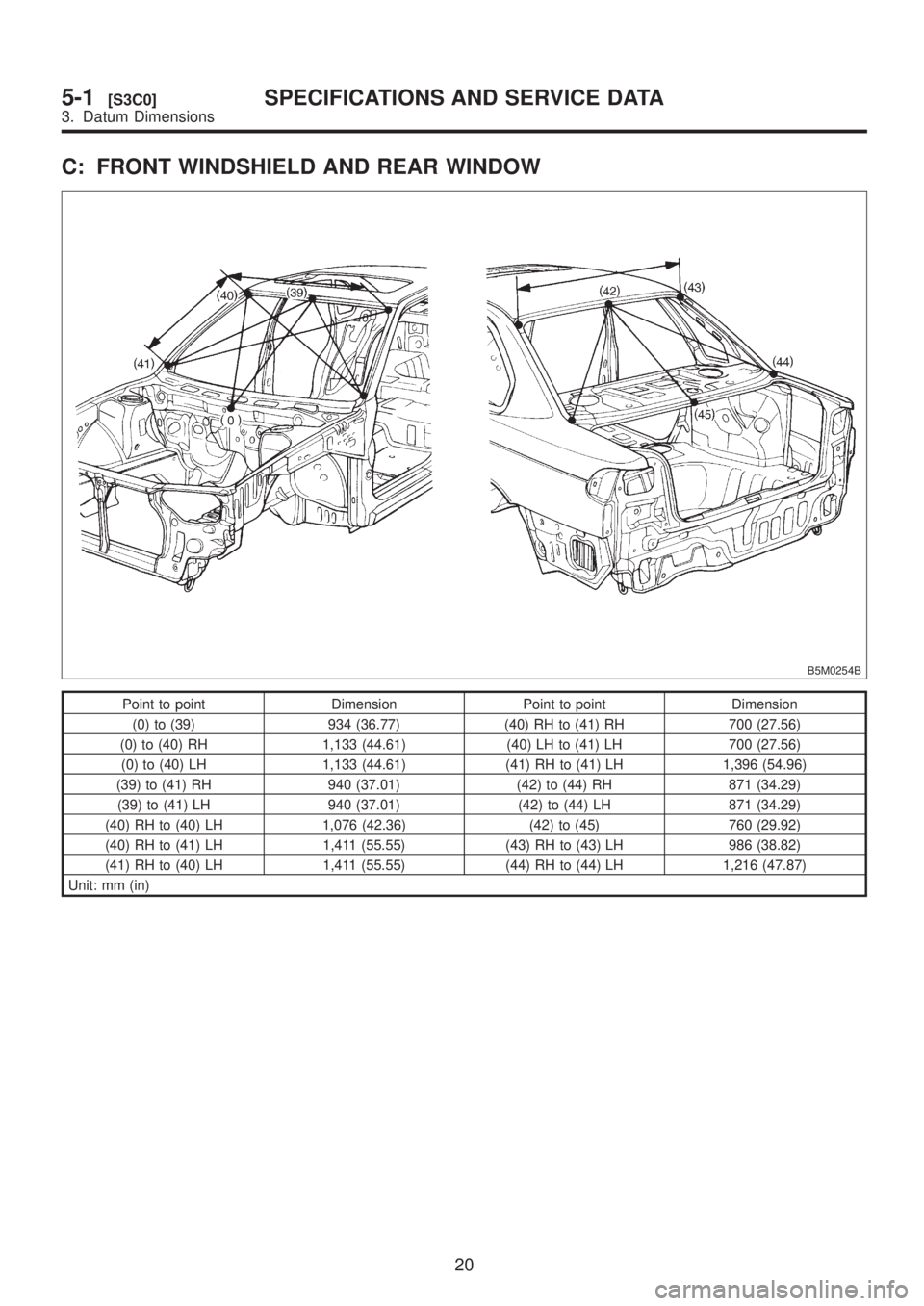 SUBARU LEGACY 1999  Service Repair Manual C: FRONT WINDSHIELD AND REAR WINDOW
B5M0254B
Point to point Dimension Point to point Dimension
(0) to (39) 934 (36.77) (40) RH to (41) RH 700 (27.56)
(0) to (40) RH 1,133 (44.61) (40) LH to (41) LH 70