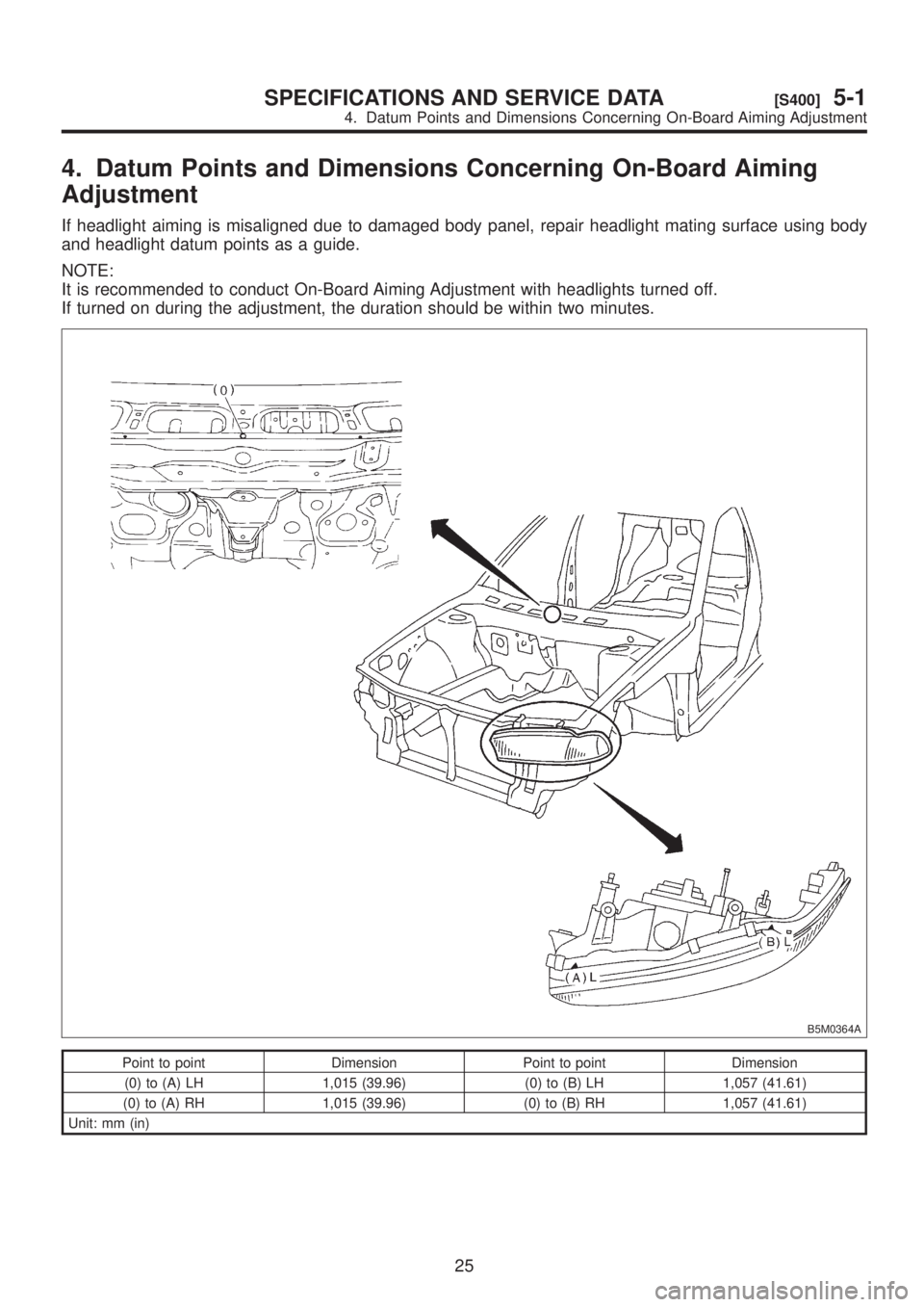 SUBARU LEGACY 1999  Service Repair Manual 4. Datum Points and Dimensions Concerning On-Board Aiming
Adjustment
If headlight aiming is misaligned due to damaged body panel, repair headlight mating surface using body
and headlight datum points 