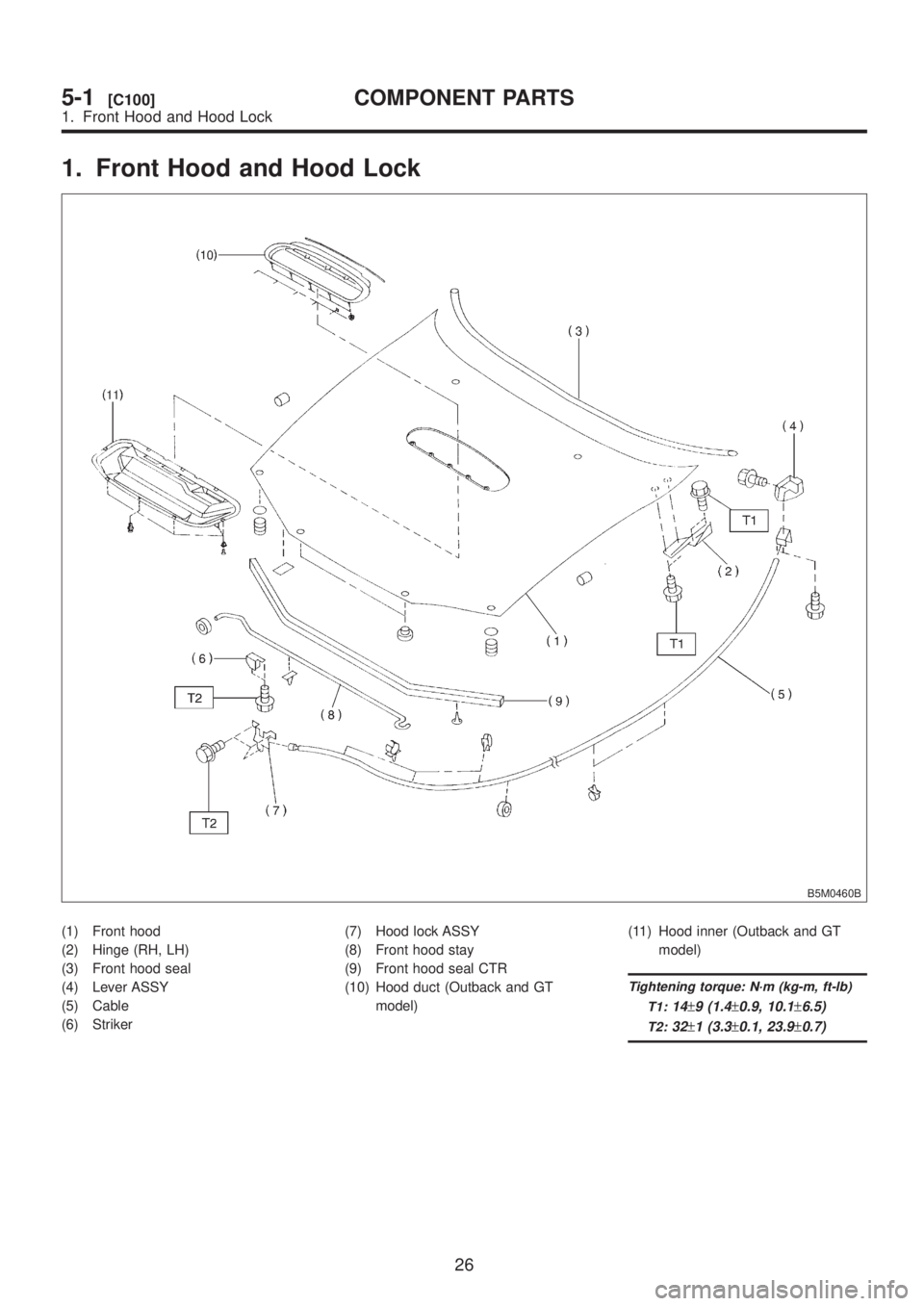 SUBARU LEGACY 1999  Service Repair Manual 1. Front Hood and Hood Lock
B5M0460B
(1) Front hood
(2) Hinge (RH, LH)
(3) Front hood seal
(4) Lever ASSY
(5) Cable
(6) Striker(7) Hood lock ASSY
(8) Front hood stay
(9) Front hood seal CTR
(10) Hood 