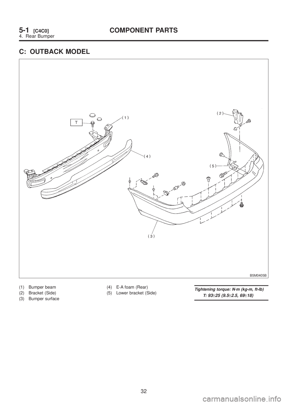 SUBARU LEGACY 1999  Service Repair Manual C: OUTBACK MODEL
B5M0405B
(1) Bumper beam
(2) Bracket (Side)
(3) Bumper surface(4) E-A foam (Rear)
(5) Lower bracket (Side)Tightening torque: N´m (kg-m, ft-lb)
T:
93±25 (9.5±2.5, 69±18)
32
5-1[C4C