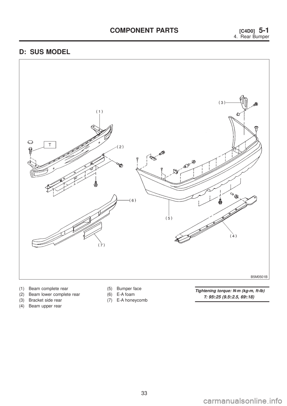 SUBARU LEGACY 1999  Service Repair Manual D: SUS MODEL
B5M0501B
(1) Beam complete rear
(2) Beam lower complete rear
(3) Bracket side rear
(4) Beam upper rear(5) Bumper face
(6) E-A foam
(7) E-A honeycombTightening torque: N´m (kg-m, ft-lb)
T