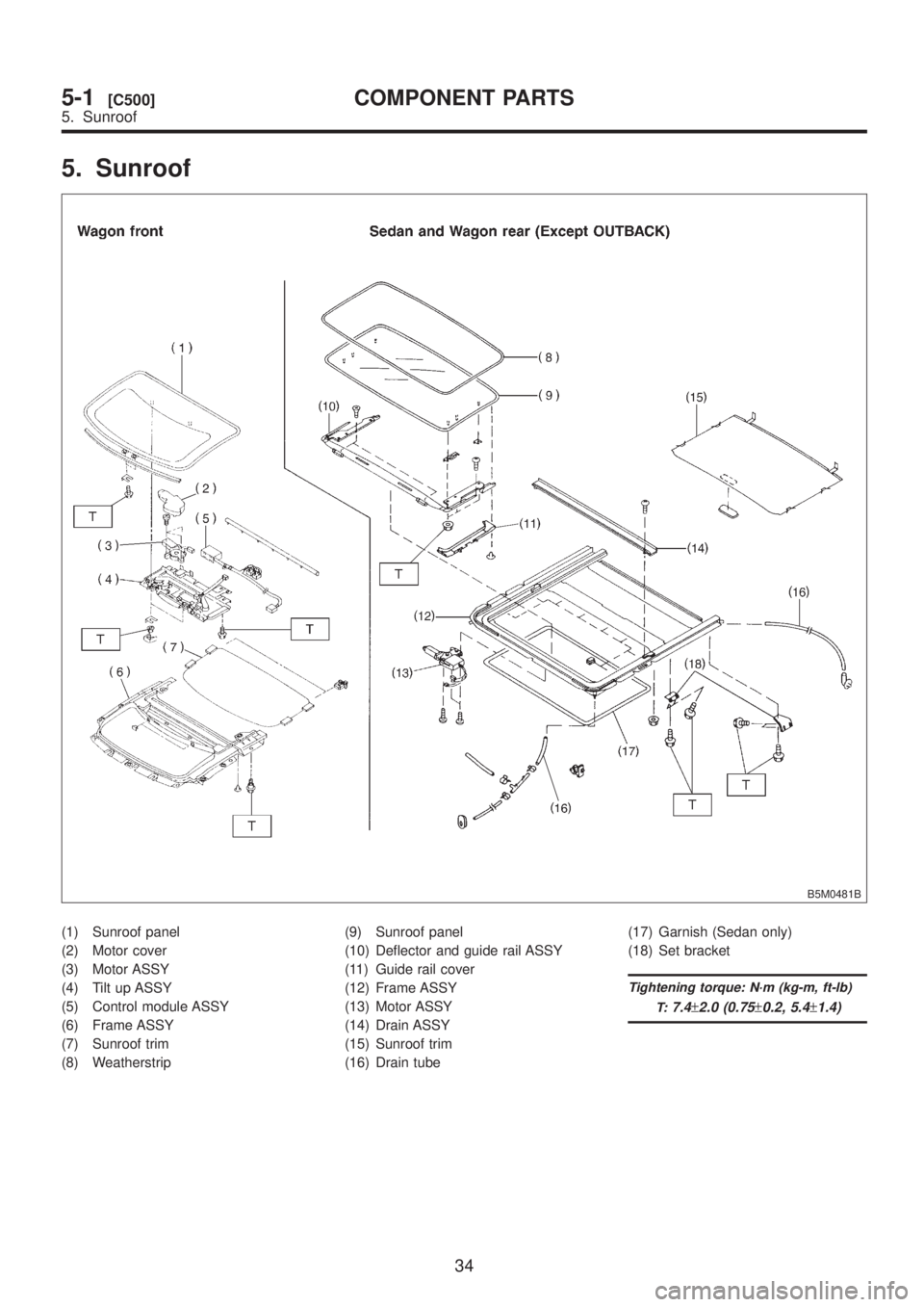 SUBARU LEGACY 1999 Service Repair Manual 5. Sunroof
B5M0481B
(1) Sunroof panel
(2) Motor cover
(3) Motor ASSY
(4) Tilt up ASSY
(5) Control module ASSY
(6) Frame ASSY
(7) Sunroof trim
(8) Weatherstrip(9) Sunroof panel
(10) Deflector and guide SUBARU LEGACY 1999 Service Repair Manual 5. Sunroof
B5M0481B
(1) Sunroof panel
(2) Motor cover
(3) Motor ASSY
(4) Tilt up ASSY
(5) Control module ASSY
(6) Frame ASSY
(7) Sunroof trim
(8) Weatherstrip(9) Sunroof panel
(10) Deflector and guide