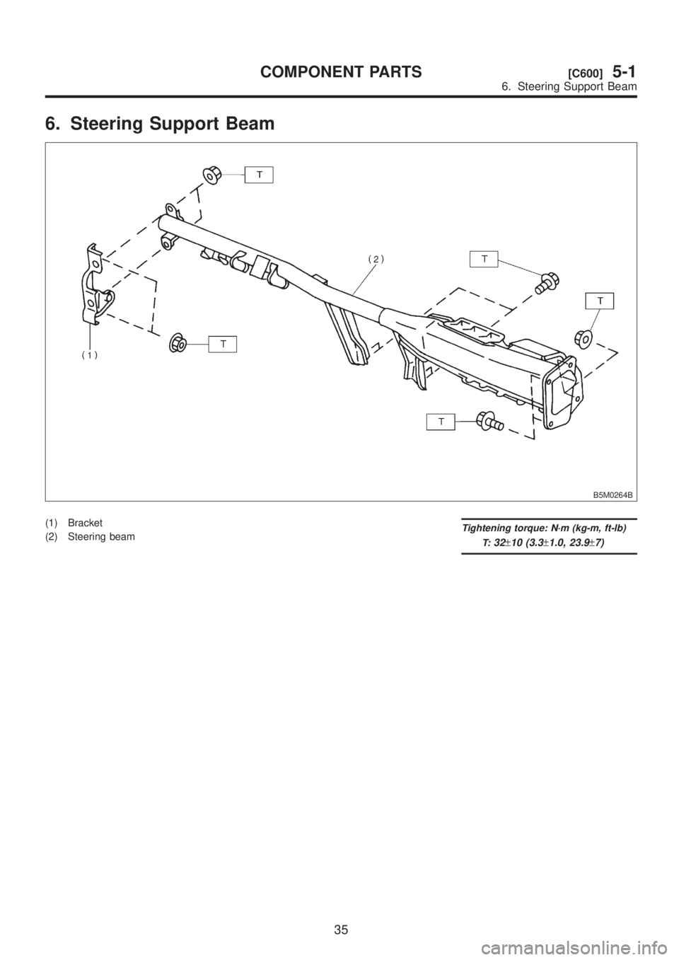 SUBARU LEGACY 1999  Service Repair Manual 6. Steering Support Beam
B5M0264B
(1) Bracket
(2) Steering beamTightening torque: N´m (kg-m, ft-lb)
T:
32±10 (3.3±1.0, 23.9±7)
35
[C600]5-1COMPONENT PARTS
6. Steering Support Beam  