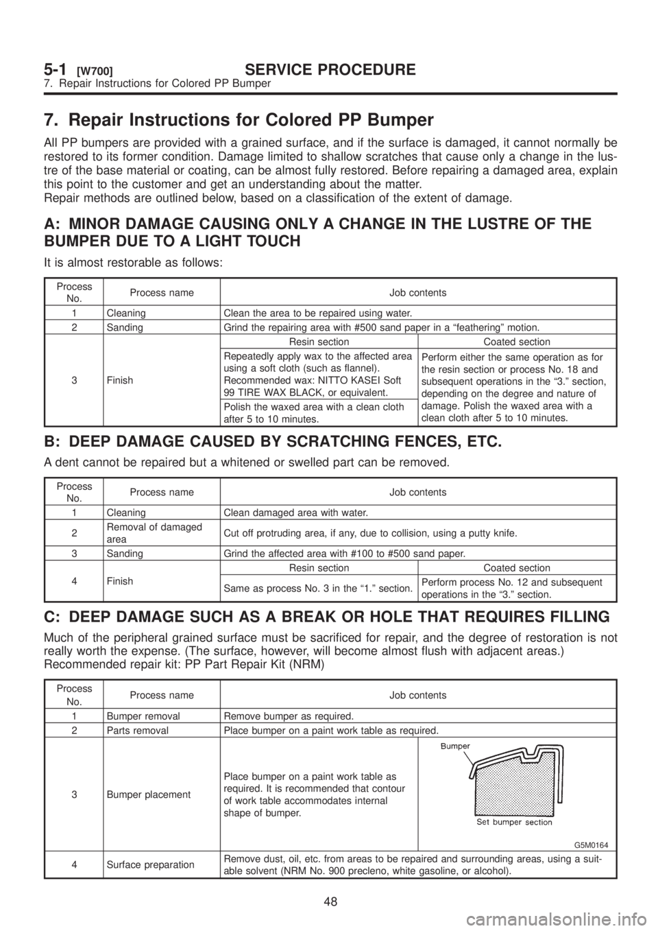 SUBARU LEGACY 1999  Service Repair Manual 7. Repair Instructions for Colored PP Bumper
All PP bumpers are provided with a grained surface, and if the surface is damaged, it cannot normally be
restored to its former condition. Damage limited t