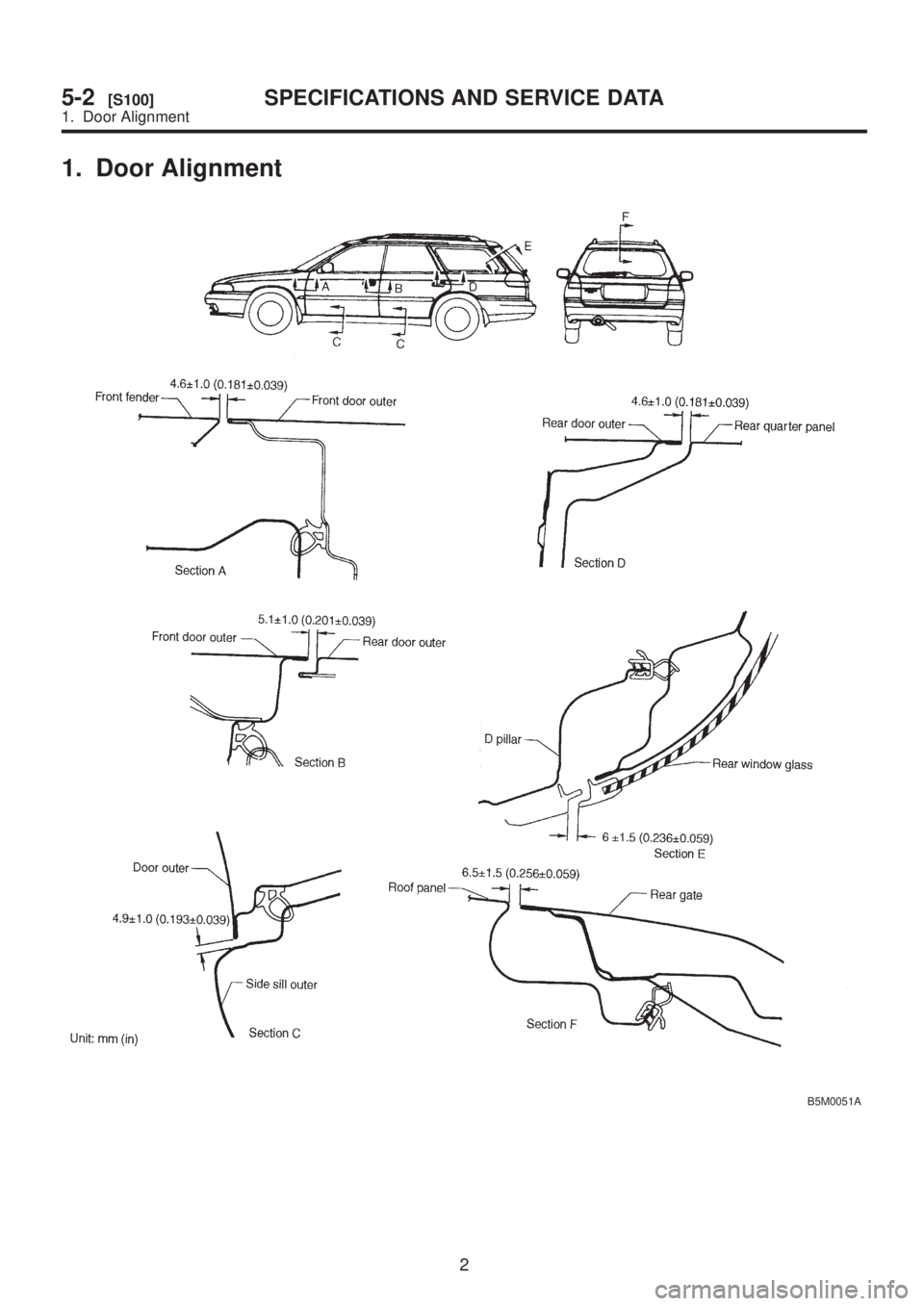 SUBARU LEGACY 1999  Service Repair Manual 1. Door Alignment
B5M0051A
2
5-2[S100]SPECIFICATIONS AND SERVICE DATA
1. Door Alignment  