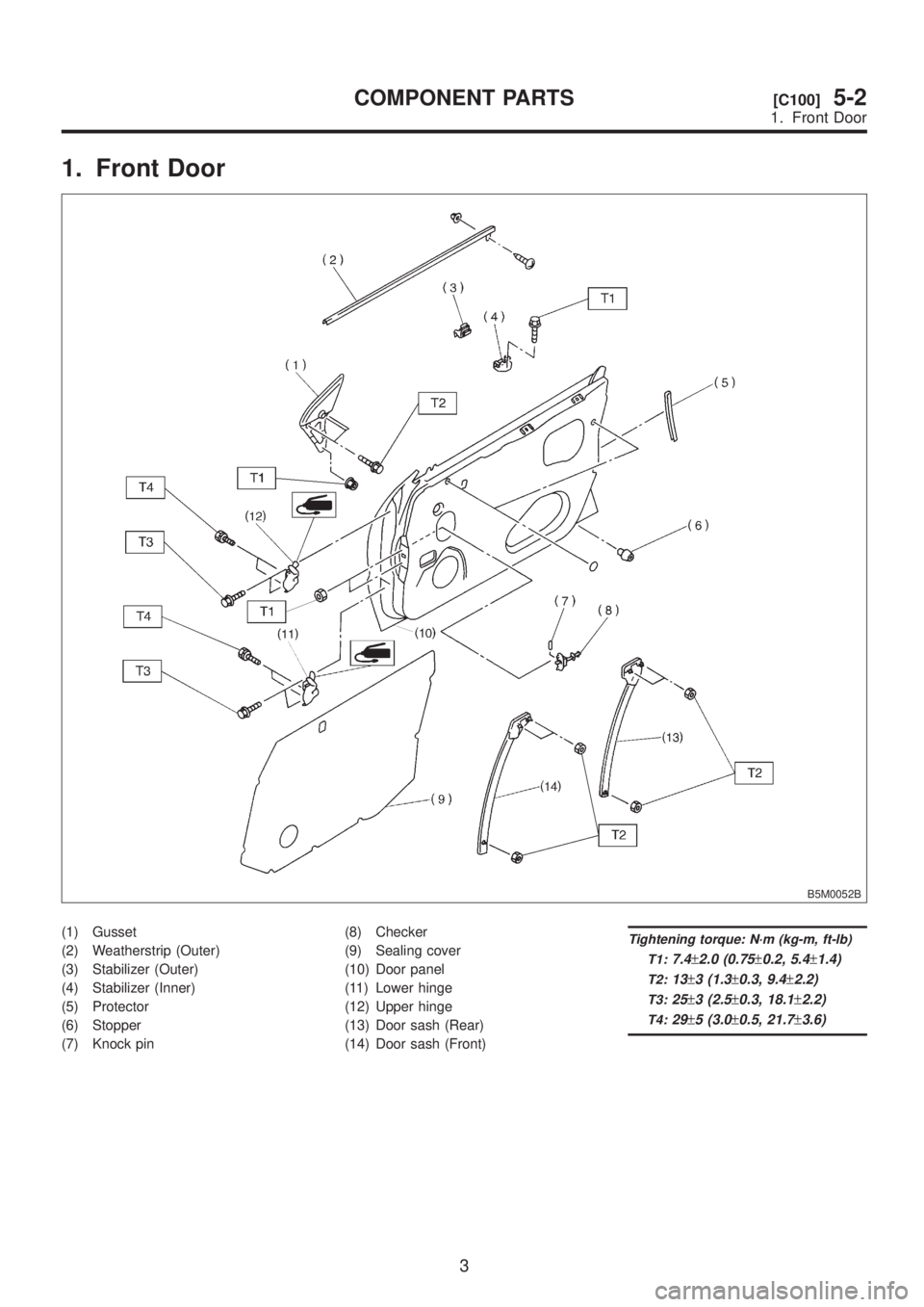 SUBARU LEGACY 1999  Service Repair Manual 1. Front Door
B5M0052B
(1) Gusset
(2) Weatherstrip (Outer)
(3) Stabilizer (Outer)
(4) Stabilizer (Inner)
(5) Protector
(6) Stopper
(7) Knock pin(8) Checker
(9) Sealing cover
(10) Door panel
(11) Lower