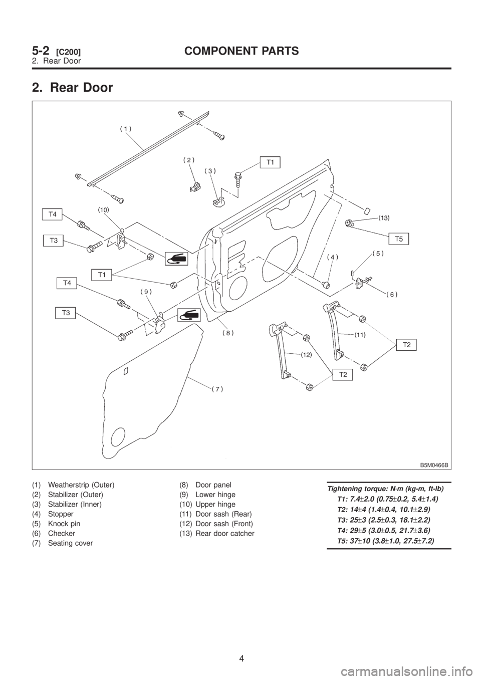 SUBARU LEGACY 1999  Service Repair Manual 2. Rear Door
B5M0466B
(1) Weatherstrip (Outer)
(2) Stabilizer (Outer)
(3) Stabilizer (Inner)
(4) Stopper
(5) Knock pin
(6) Checker
(7) Seating cover(8) Door panel
(9) Lower hinge
(10) Upper hinge
(11)