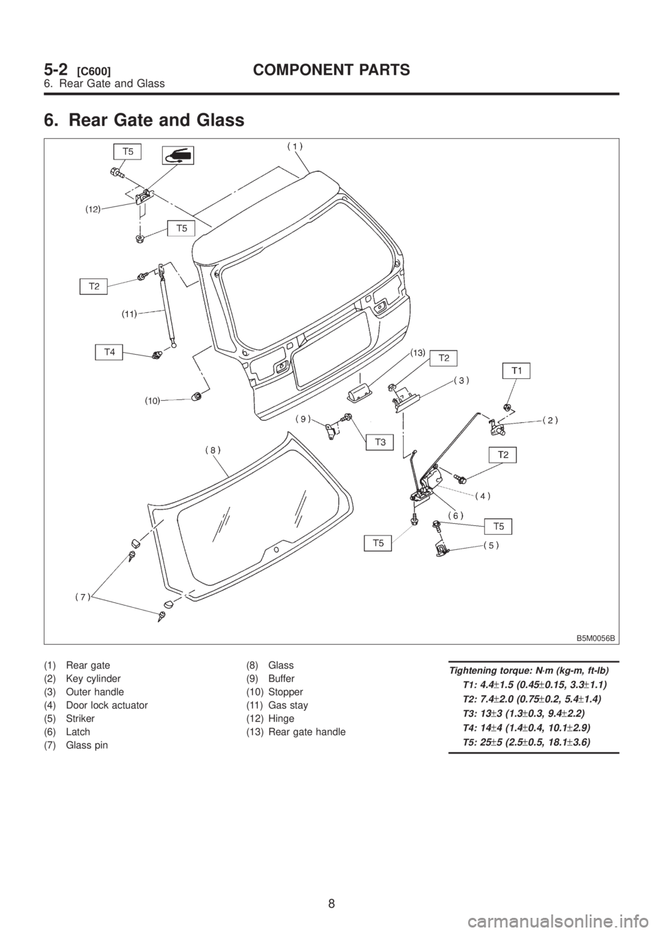 SUBARU LEGACY 1999  Service Repair Manual 6. Rear Gate and Glass
B5M0056B
(1) Rear gate
(2) Key cylinder
(3) Outer handle
(4) Door lock actuator
(5) Striker
(6) Latch
(7) Glass pin(8) Glass
(9) Buffer
(10) Stopper
(11) Gas stay
(12) Hinge
(13