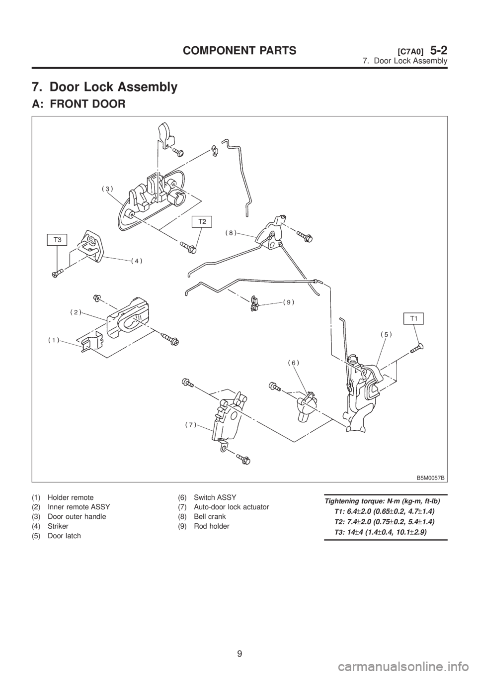 SUBARU LEGACY 1999  Service Repair Manual 7. Door Lock Assembly
A: FRONT DOOR
B5M0057B
(1) Holder remote
(2) Inner remote ASSY
(3) Door outer handle
(4) Striker
(5) Door latch(6) Switch ASSY
(7) Auto-door lock actuator
(8) Bell crank
(9) Rod 