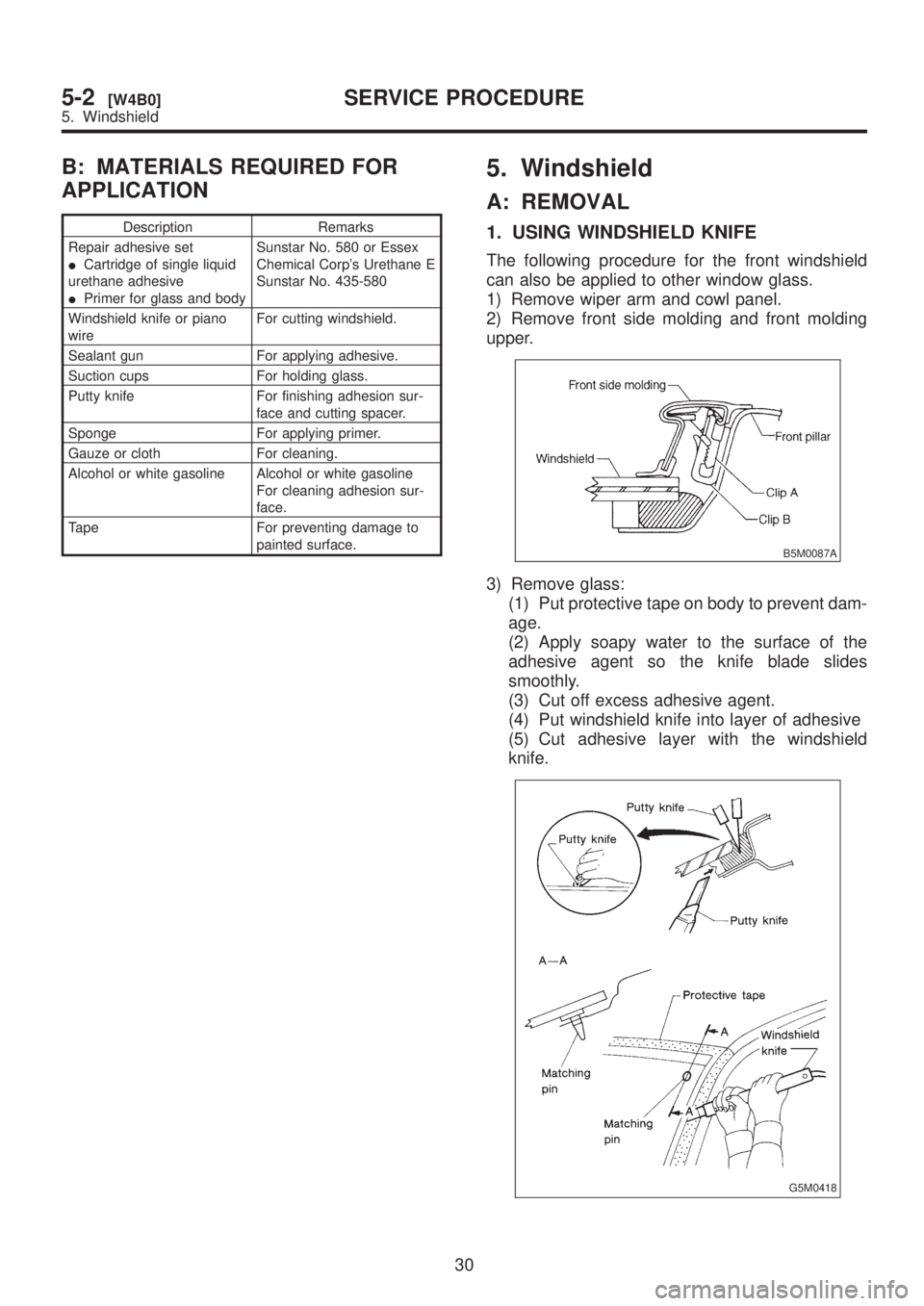 SUBARU LEGACY 1999  Service Repair Manual B: MATERIALS REQUIRED FOR
APPLICATION
Description Remarks
Repair adhesive set
ICartridge of single liquid
urethane adhesive
IPrimer for glass and bodySunstar No. 580 or Essex
Chemical Corps Urethane 