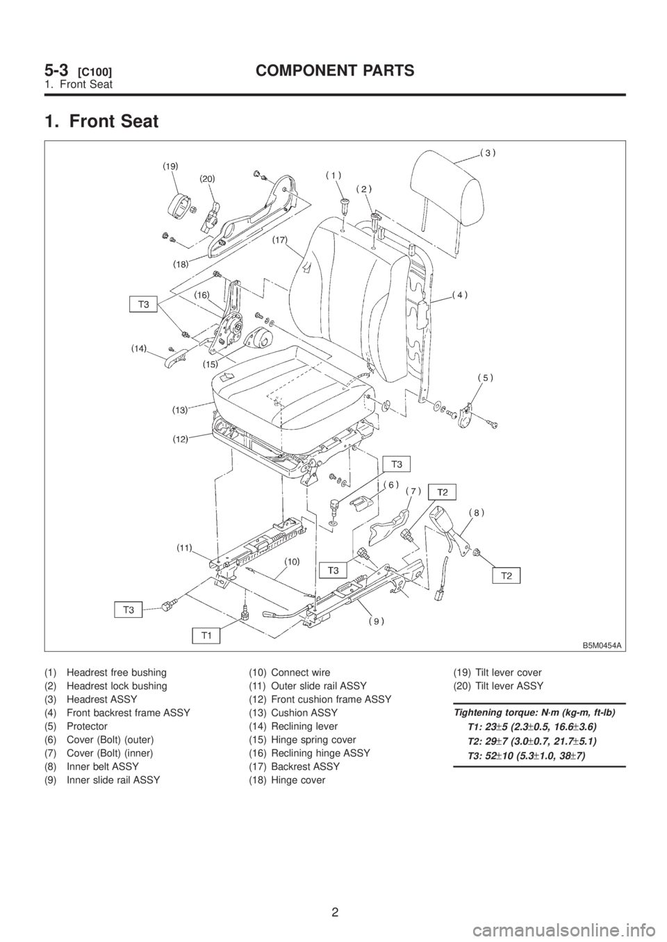 SUBARU LEGACY 1999  Service Repair Manual 1. Front Seat
B5M0454A
(1) Headrest free bushing
(2) Headrest lock bushing
(3) Headrest ASSY
(4) Front backrest frame ASSY
(5) Protector
(6) Cover (Bolt) (outer)
(7) Cover (Bolt) (inner)
(8) Inner bel