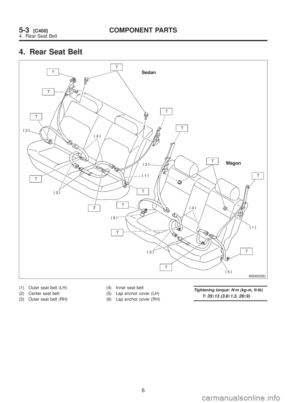 SUBARU LEGACY 1999  Service Repair Manual 4. Rear Seat Belt
B5M0035D
(1) Outer seat belt (LH)
(2) Center seat belt
(3) Outer seat belt (RH)(4) Inner seat belt
(5) Lap anchor cover (LH)
(6) Lap anchor cover (RH)Tightening torque: N´m (kg-m, f