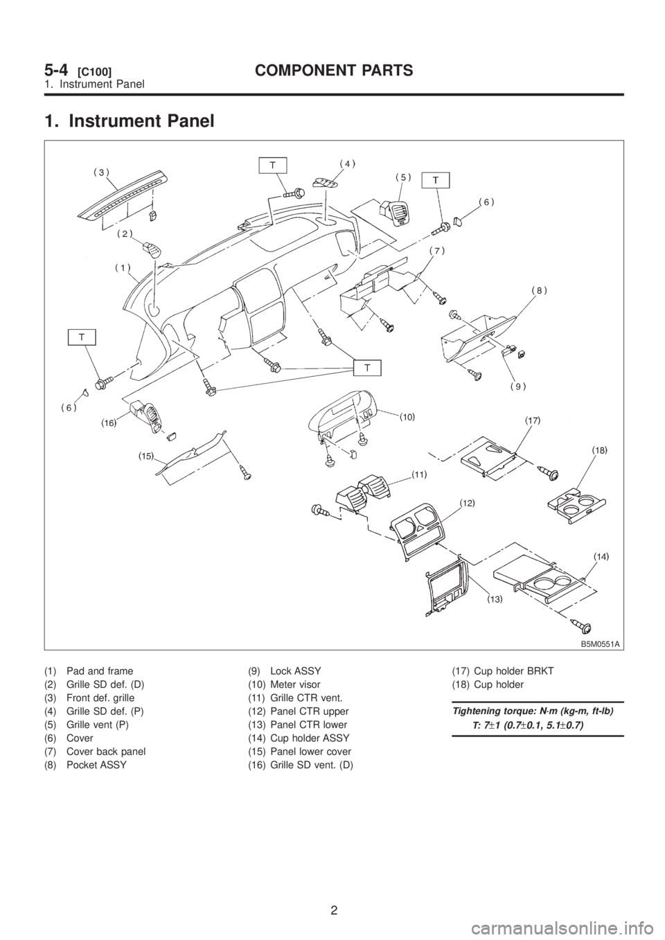 SUBARU LEGACY 1999  Service Repair Manual 1. Instrument Panel
B5M0551A
(1) Pad and frame
(2) Grille SD def. (D)
(3) Front def. grille
(4) Grille SD def. (P)
(5) Grille vent (P)
(6) Cover
(7) Cover back panel
(8) Pocket ASSY(9) Lock ASSY
(10) 
