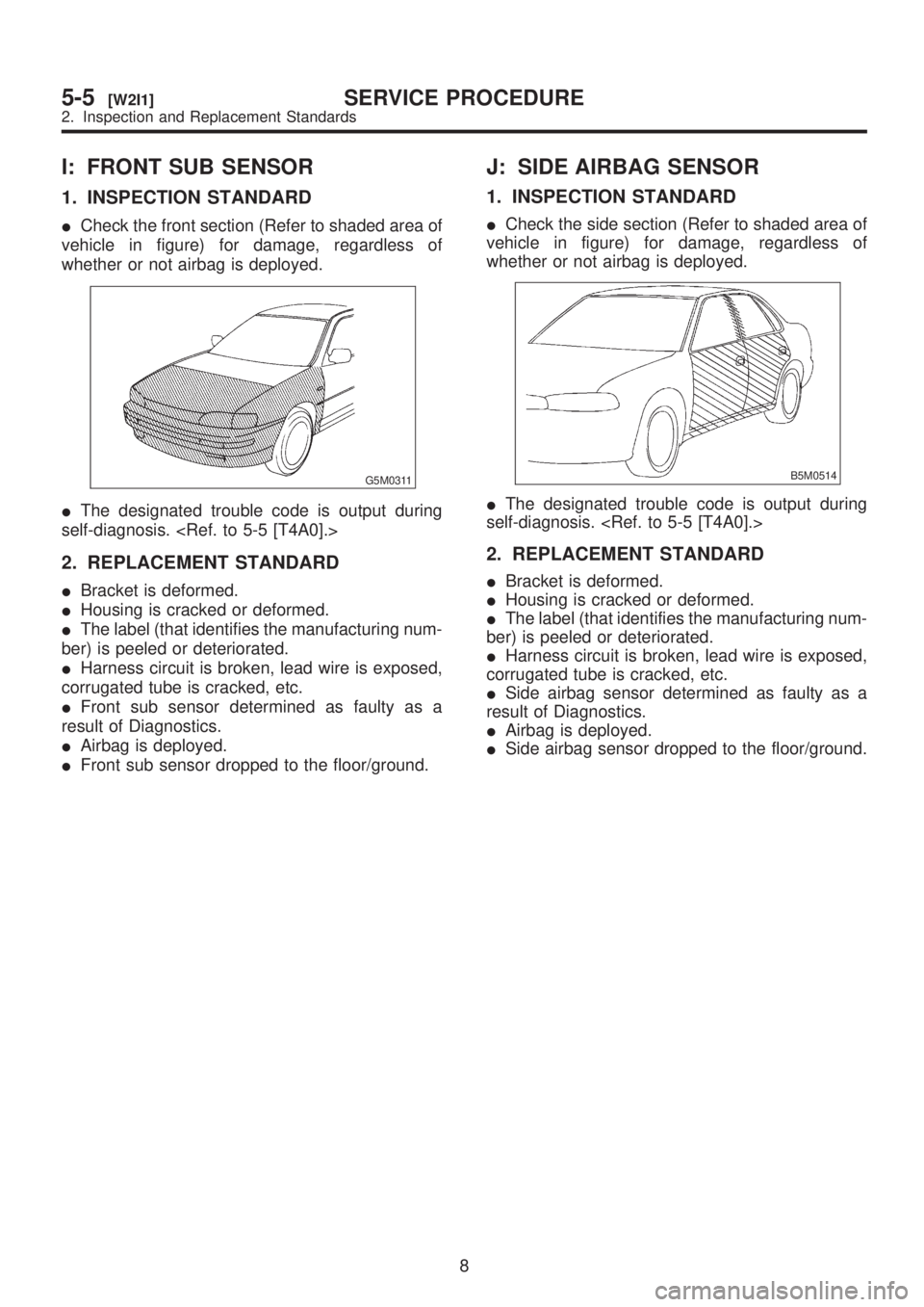 SUBARU LEGACY 1999 Service Repair Manual I: FRONT SUB SENSOR
1. INSPECTION STANDARD
ICheck the front section (Refer to shaded area of
vehicle in figure) for damage, regardless of
whether or not airbag is deployed.
G5M0311
IThe designated tro SUBARU LEGACY 1999 Service Repair Manual I: FRONT SUB SENSOR
1. INSPECTION STANDARD
ICheck the front section (Refer to shaded area of
vehicle in figure) for damage, regardless of
whether or not airbag is deployed.
G5M0311
IThe designated tro