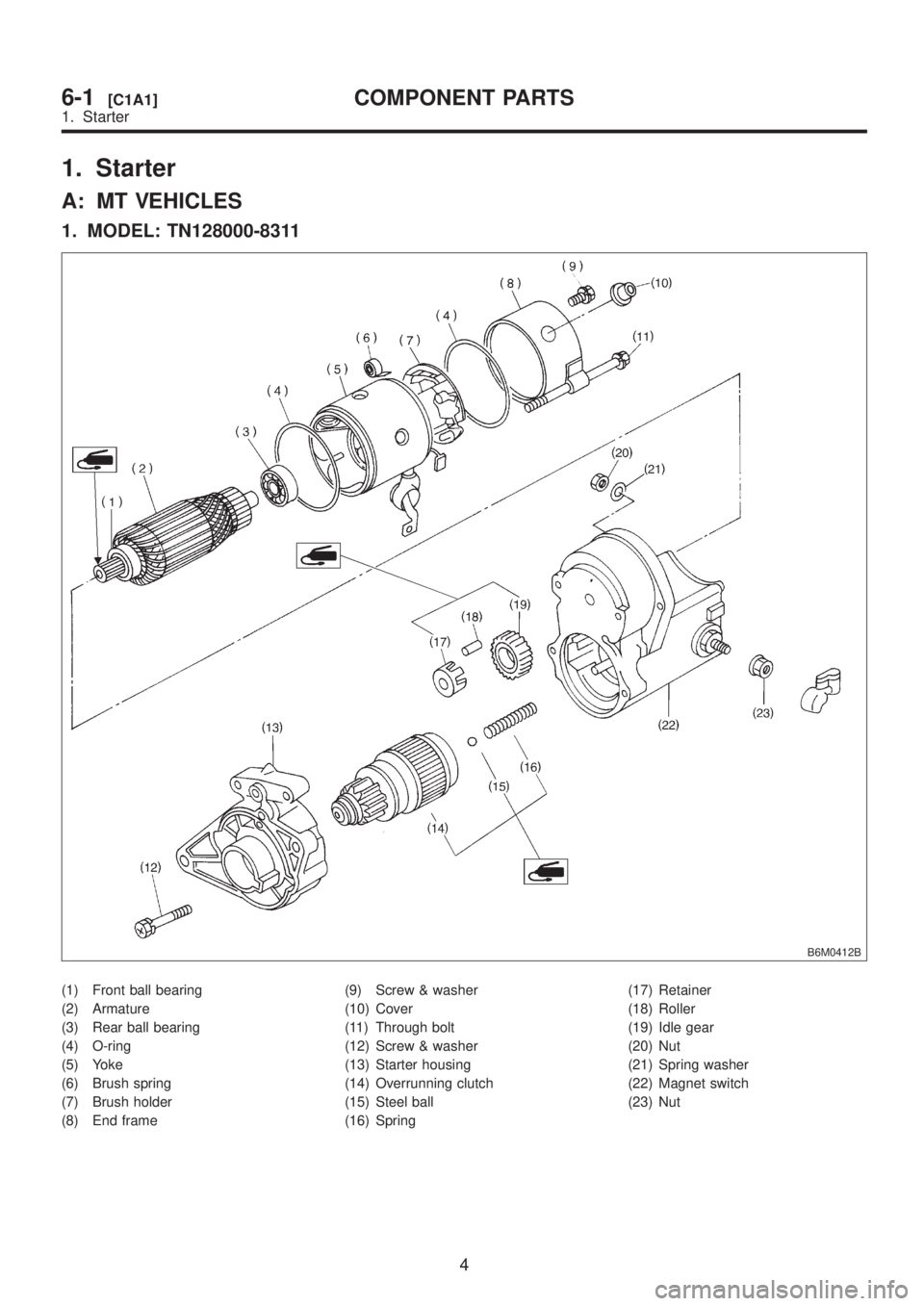 SUBARU LEGACY 1999 Service Repair Manual 1. Starter
A: MT VEHICLES
1. MODEL: TN128000-8311
B6M0412B
(1) Front ball bearing
(2) Armature
(3) Rear ball bearing
(4) O-ring
(5) Yoke
(6) Brush spring
(7) Brush holder
(8) End frame(9) Screw & wash SUBARU LEGACY 1999 Service Repair Manual 1. Starter
A: MT VEHICLES
1. MODEL: TN128000-8311
B6M0412B
(1) Front ball bearing
(2) Armature
(3) Rear ball bearing
(4) O-ring
(5) Yoke
(6) Brush spring
(7) Brush holder
(8) End frame(9) Screw & wash