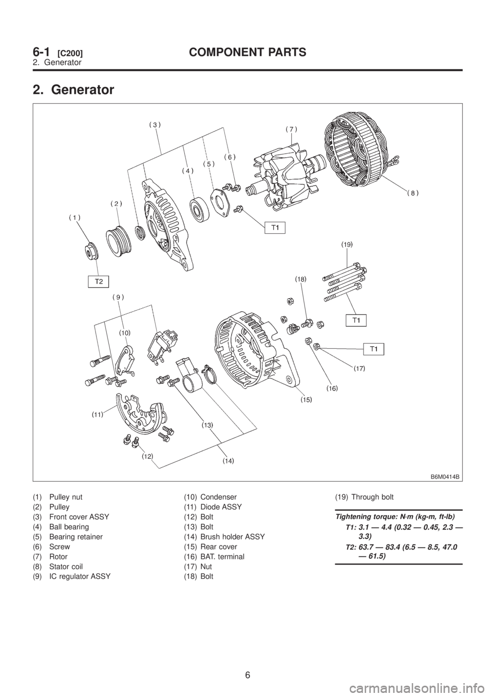 SUBARU LEGACY 1999 Service Repair Manual 2. Generator
B6M0414B
(1) Pulley nut
(2) Pulley
(3) Front cover ASSY
(4) Ball bearing
(5) Bearing retainer
(6) Screw
(7) Rotor
(8) Stator coil
(9) IC regulator ASSY(10) Condenser
(11) Diode ASSY
(12) SUBARU LEGACY 1999 Service Repair Manual 2. Generator
B6M0414B
(1) Pulley nut
(2) Pulley
(3) Front cover ASSY
(4) Ball bearing
(5) Bearing retainer
(6) Screw
(7) Rotor
(8) Stator coil
(9) IC regulator ASSY(10) Condenser
(11) Diode ASSY
(12)