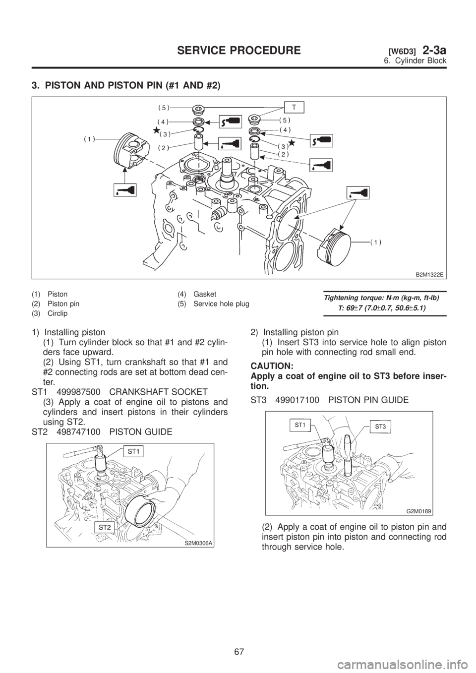 SUBARU LEGACY 1999  Service Repair Manual 3. PISTON AND PISTON PIN (#1 AND #2)
B2M1322E
(1) Piston
(2) Piston pin
(3) Circlip(4) Gasket
(5) Service hole plugTightening torque: N´m (kg-m, ft-lb)
T:
69±7 (7.0±0.7, 50.6±5.1)
1) Installing pi