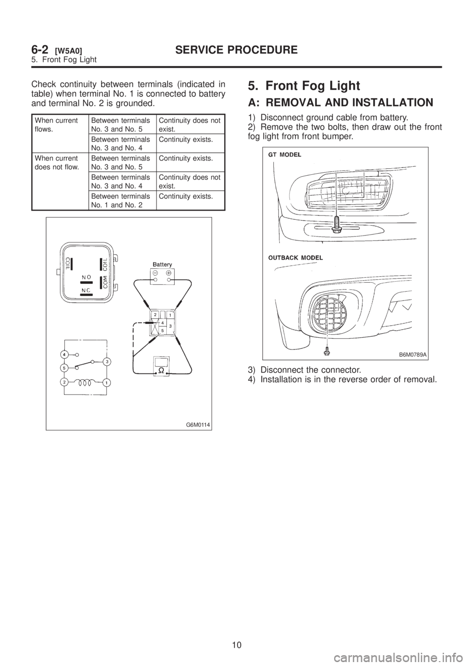 SUBARU LEGACY 1999 Service Repair Manual Check continuity between terminals (indicated in
table) when terminal No. 1 is connected to battery
and terminal No. 2 is grounded.
When current
flows.Between terminals
No. 3 and No. 5Continuity does SUBARU LEGACY 1999 Service Repair Manual Check continuity between terminals (indicated in
table) when terminal No. 1 is connected to battery
and terminal No. 2 is grounded.
When current
flows.Between terminals
No. 3 and No. 5Continuity does
