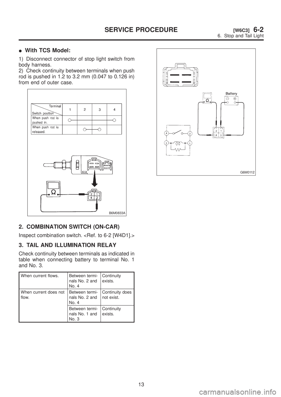 SUBARU LEGACY 1999 Service Repair Manual IWith TCS Model:
1) Disconnect connector of stop light switch from
body harness.
2) Check continuity between terminals when push
rod is pushed in 1.2 to 3.2 mm (0.047 to 0.126 in)
from end of outer ca SUBARU LEGACY 1999 Service Repair Manual IWith TCS Model:
1) Disconnect connector of stop light switch from
body harness.
2) Check continuity between terminals when push
rod is pushed in 1.2 to 3.2 mm (0.047 to 0.126 in)
from end of outer ca