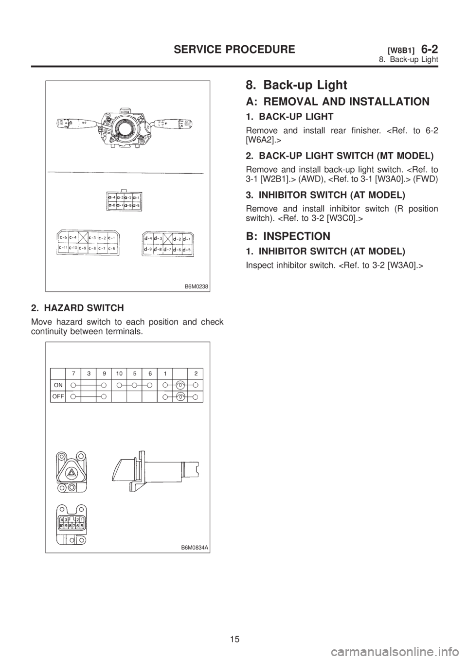 SUBARU LEGACY 1999 Service Repair Manual B6M0238
2. HAZARD SWITCH
Move hazard switch to each position and check
continuity between terminals.
B6M0834A
8. Back-up Light
A: REMOVAL AND INSTALLATION
1. BACK-UP LIGHT
Remove and install rear fini SUBARU LEGACY 1999 Service Repair Manual B6M0238
2. HAZARD SWITCH
Move hazard switch to each position and check
continuity between terminals.
B6M0834A
8. Back-up Light
A: REMOVAL AND INSTALLATION
1. BACK-UP LIGHT
Remove and install rear fini