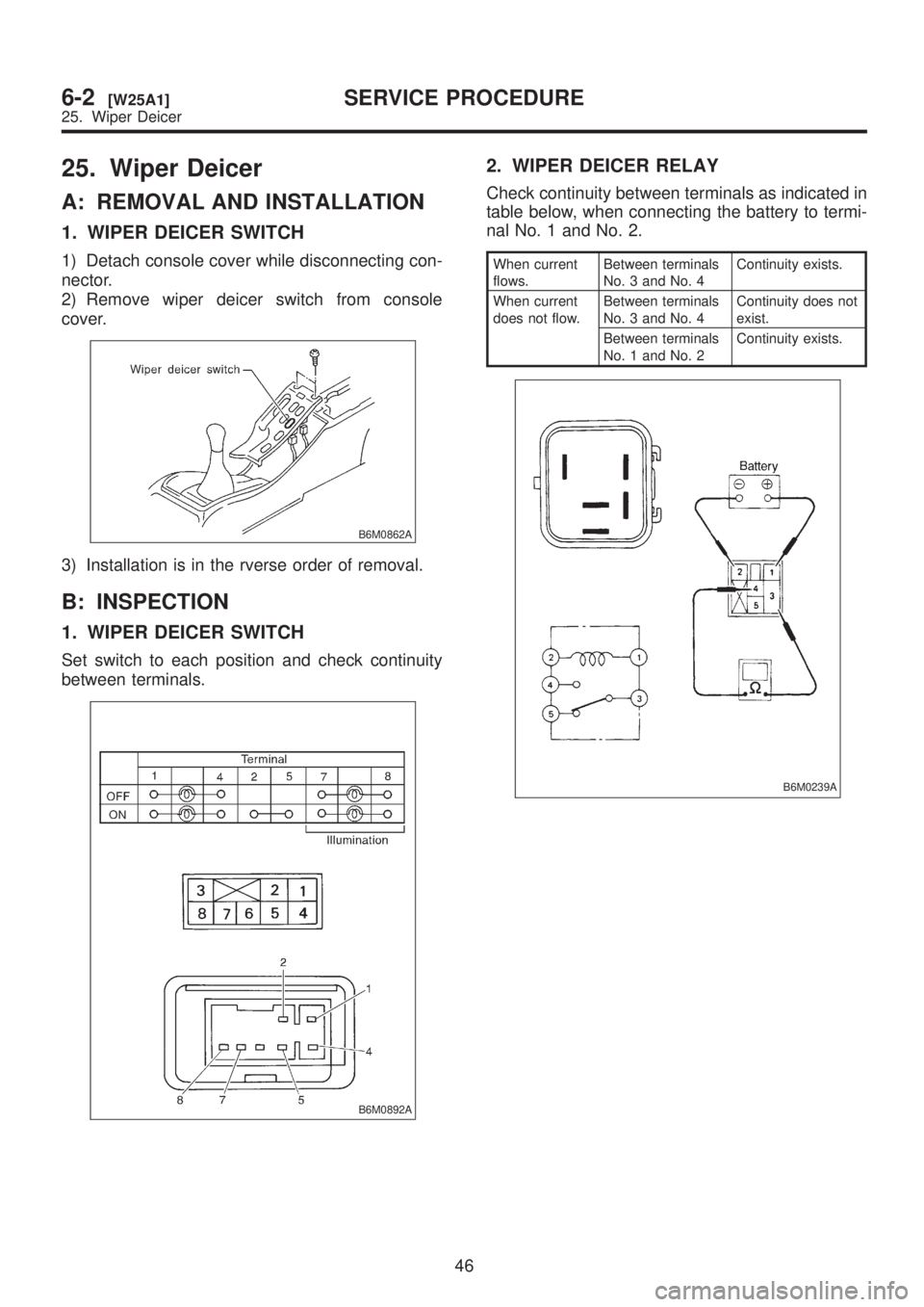 SUBARU LEGACY 1999 Service Repair Manual 25. Wiper Deicer
A: REMOVAL AND INSTALLATION
1. WIPER DEICER SWITCH
1) Detach console cover while disconnecting con-
nector.
2) Remove wiper deicer switch from console
cover.
B6M0862A
3) Installation SUBARU LEGACY 1999 Service Repair Manual 25. Wiper Deicer
A: REMOVAL AND INSTALLATION
1. WIPER DEICER SWITCH
1) Detach console cover while disconnecting con-
nector.
2) Remove wiper deicer switch from console
cover.
B6M0862A
3) Installation
