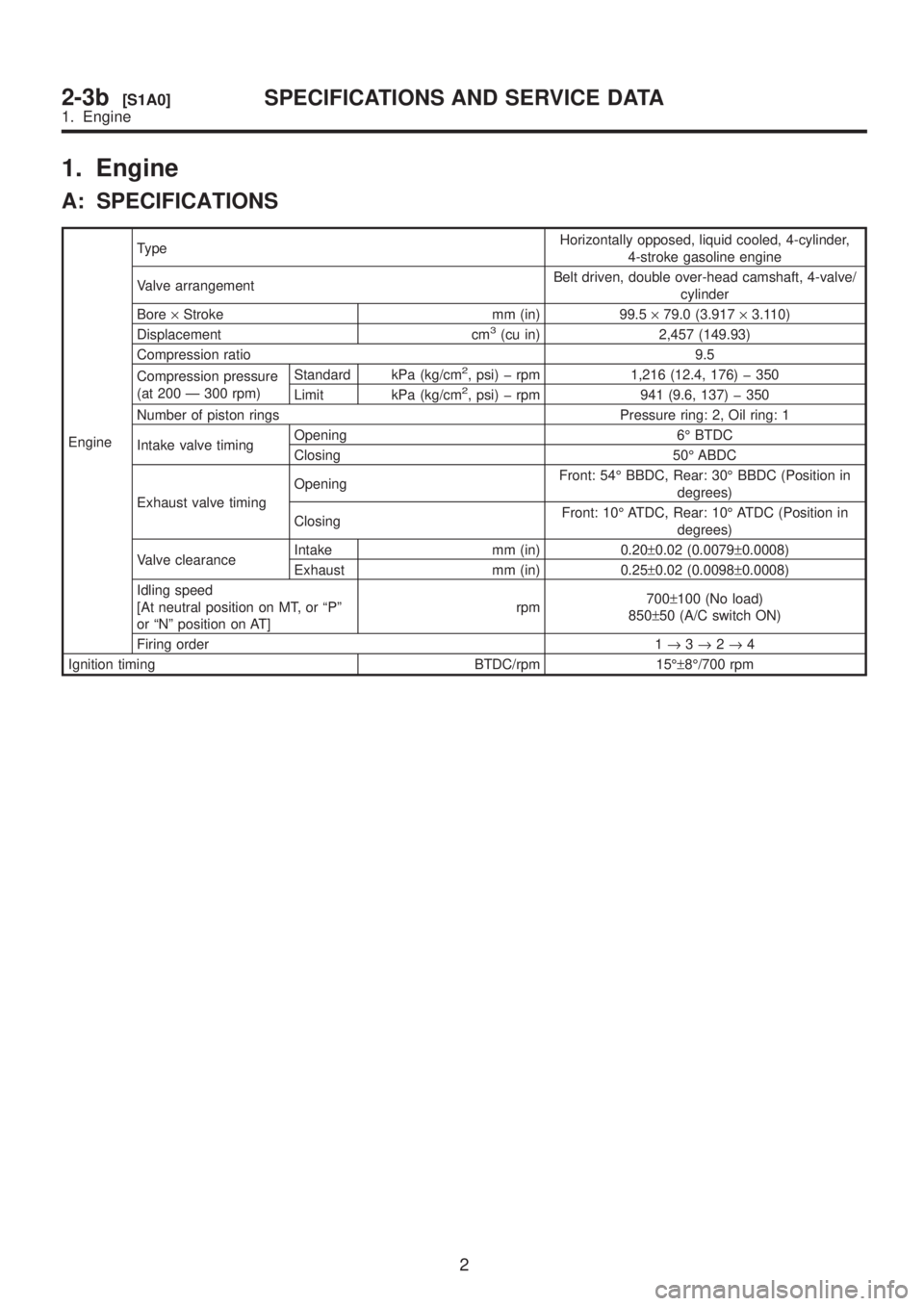 SUBARU LEGACY 1999  Service Repair Manual 1. Engine
A: SPECIFICATIONS
EngineTypeHorizontally opposed, liquid cooled, 4-cylinder,
4-stroke gasoline engine
Valve arrangementBelt driven, double over-head camshaft, 4-valve/
cylinder
Bore´Stroke 