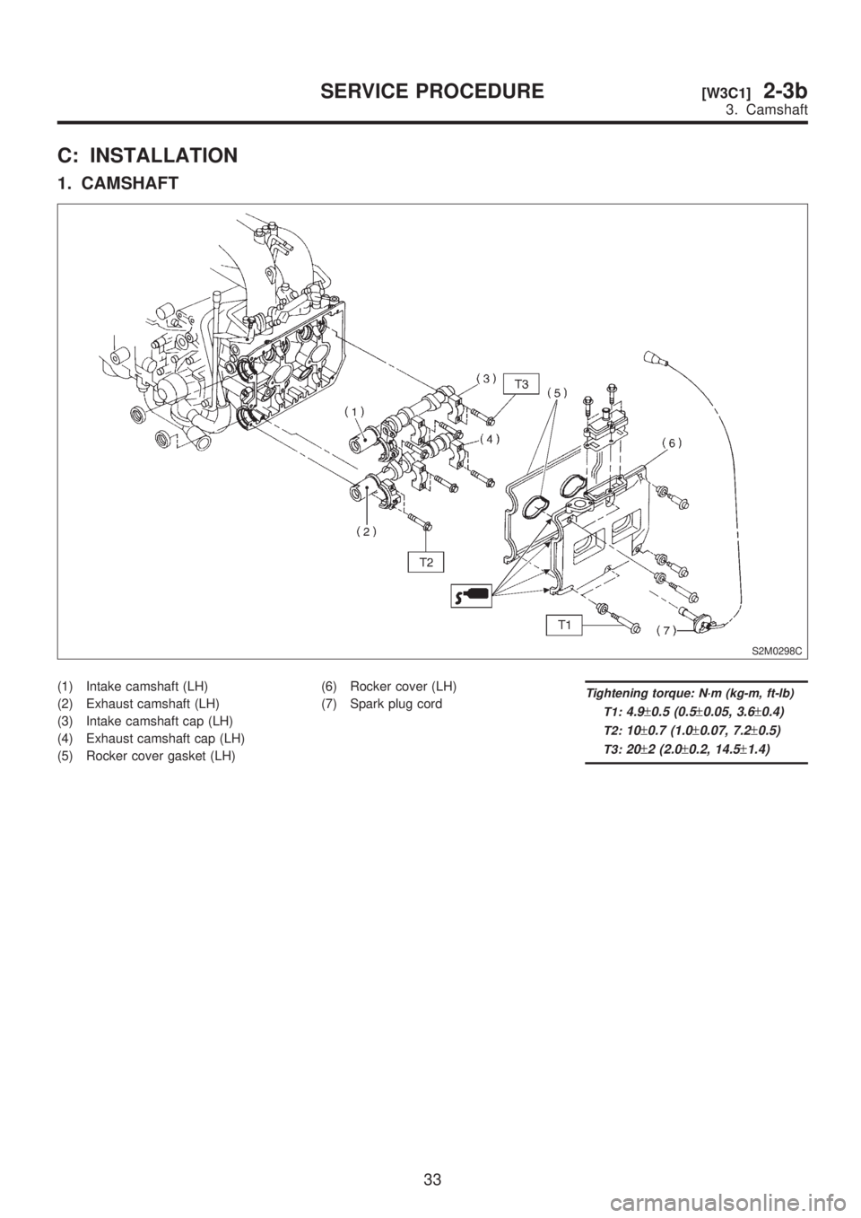 SUBARU LEGACY 1999  Service Repair Manual C: INSTALLATION
1. CAMSHAFT
S2M0298C
(1) Intake camshaft (LH)
(2) Exhaust camshaft (LH)
(3) Intake camshaft cap (LH)
(4) Exhaust camshaft cap (LH)
(5) Rocker cover gasket (LH)(6) Rocker cover (LH)
(7)