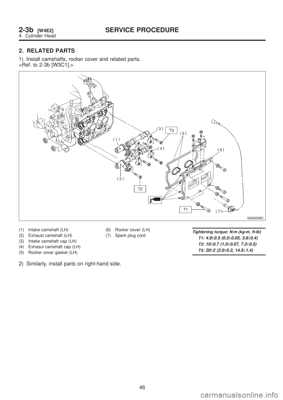 SUBARU LEGACY 1999  Service Repair Manual 2. RELATED PARTS
1) Install camshafts, rocker cover and related parts.
<Ref. to 2-3b [W3C1].>
S2M0298C
(1) Intake camshaft (LH)
(2) Exhaust camshaft (LH)
(3) Intake camshaft cap (LH)
(4) Exhasut camsh